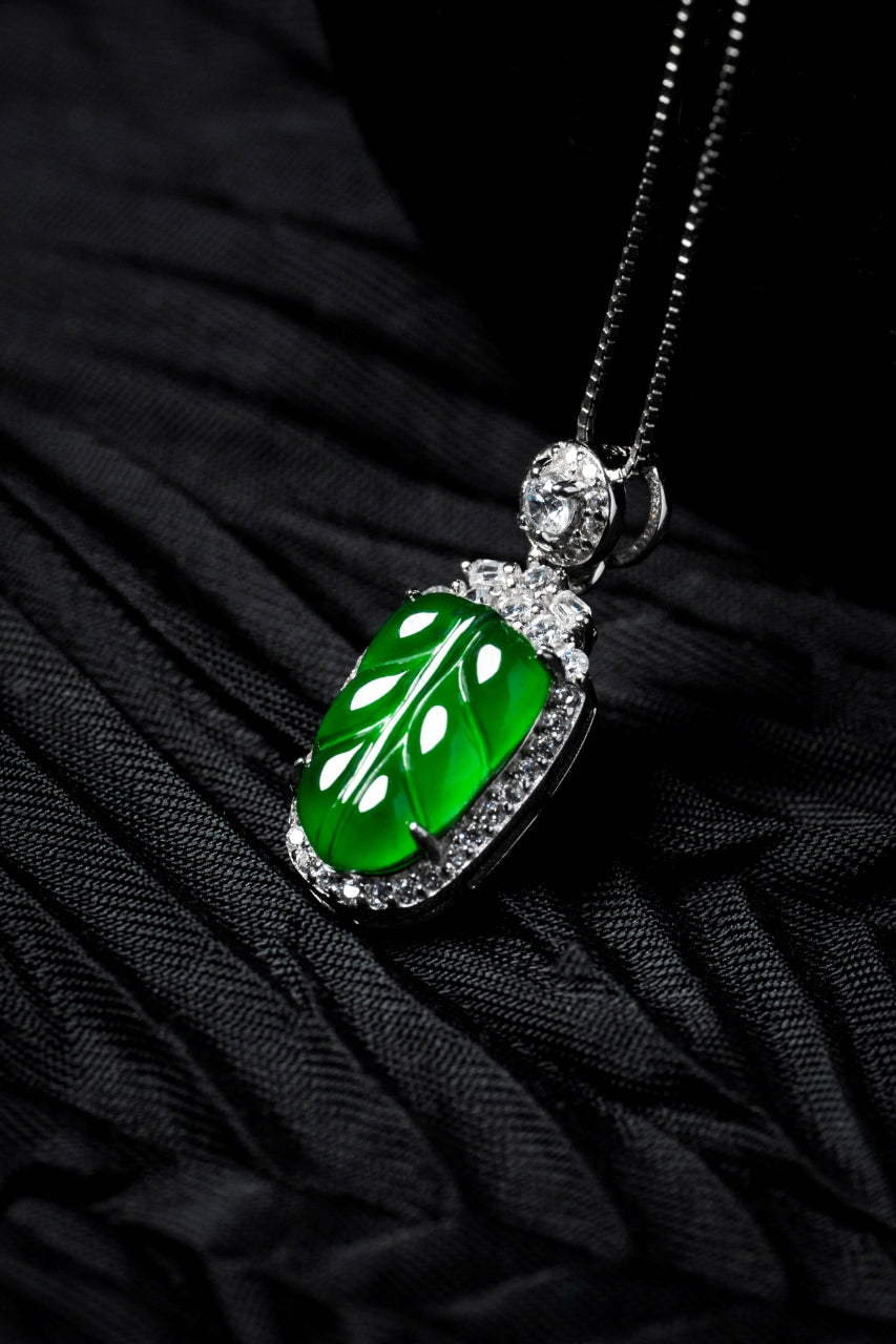 Diamond-Set Green Leaf Pendant Necklace