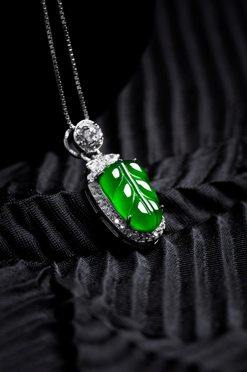 Diamond-Set Green Leaf Pendant Necklace