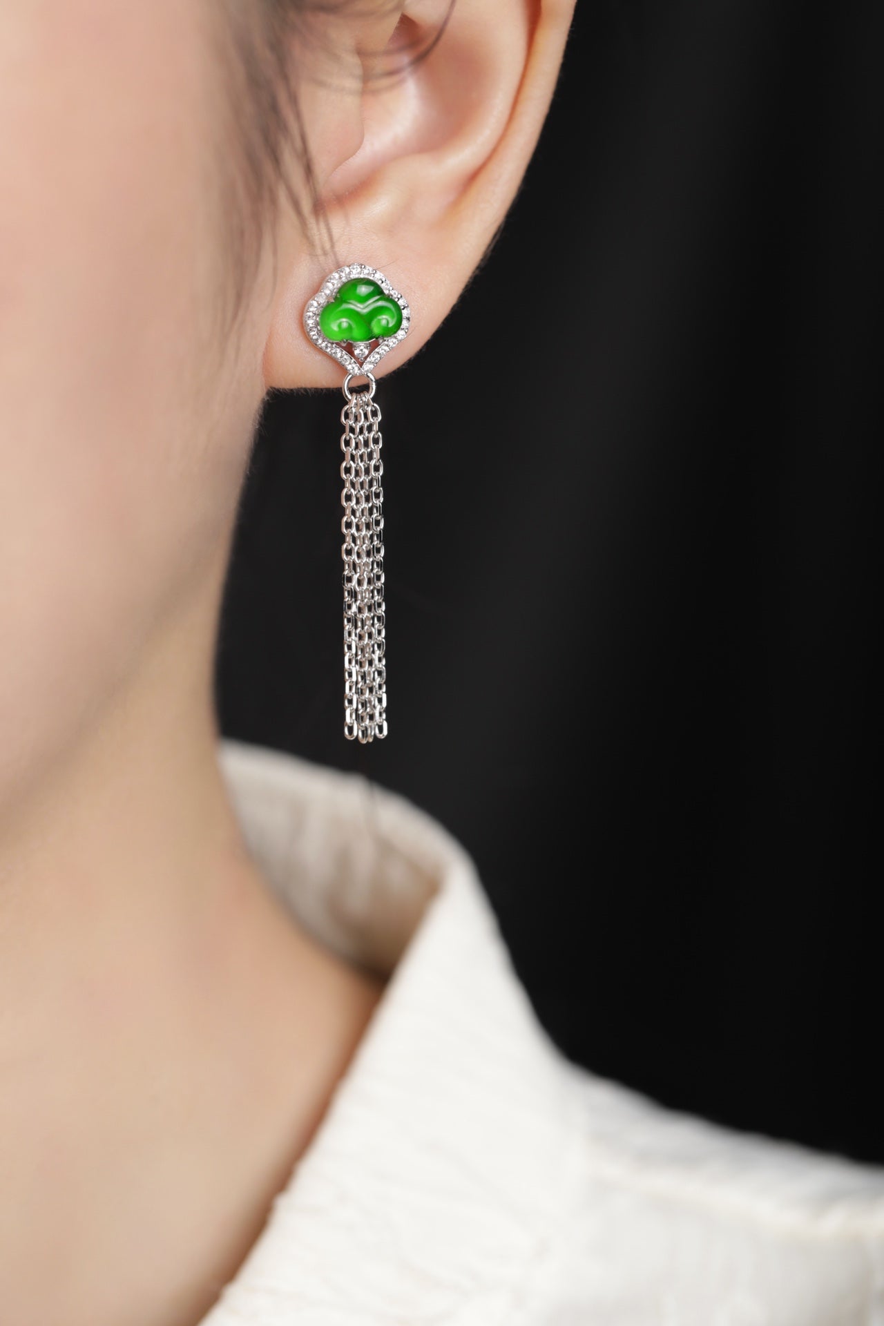 Silver Chain Diamond-Set Cloud Drop Earrings