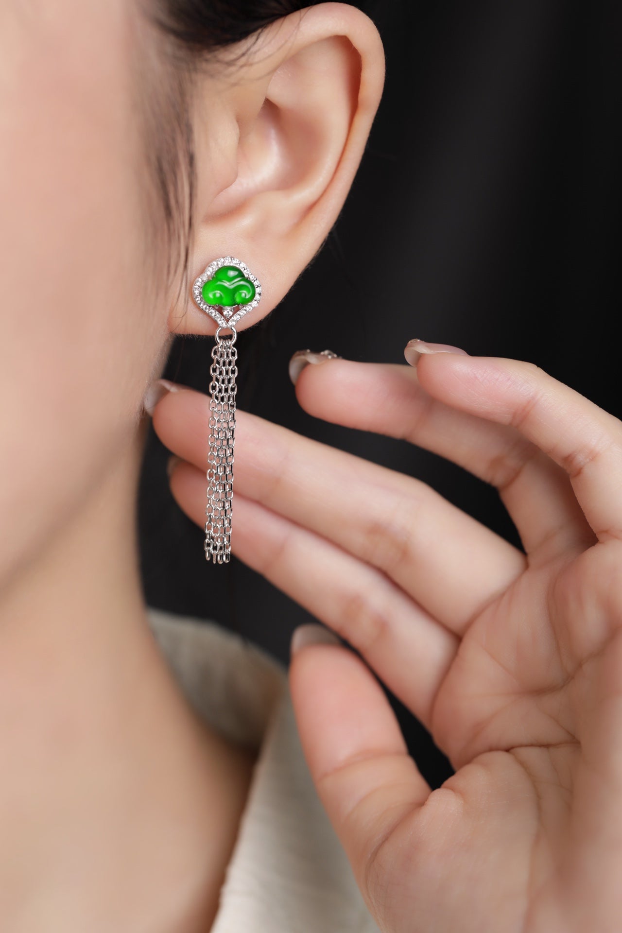 Silver Chain Diamond-Set Cloud Drop Earrings
