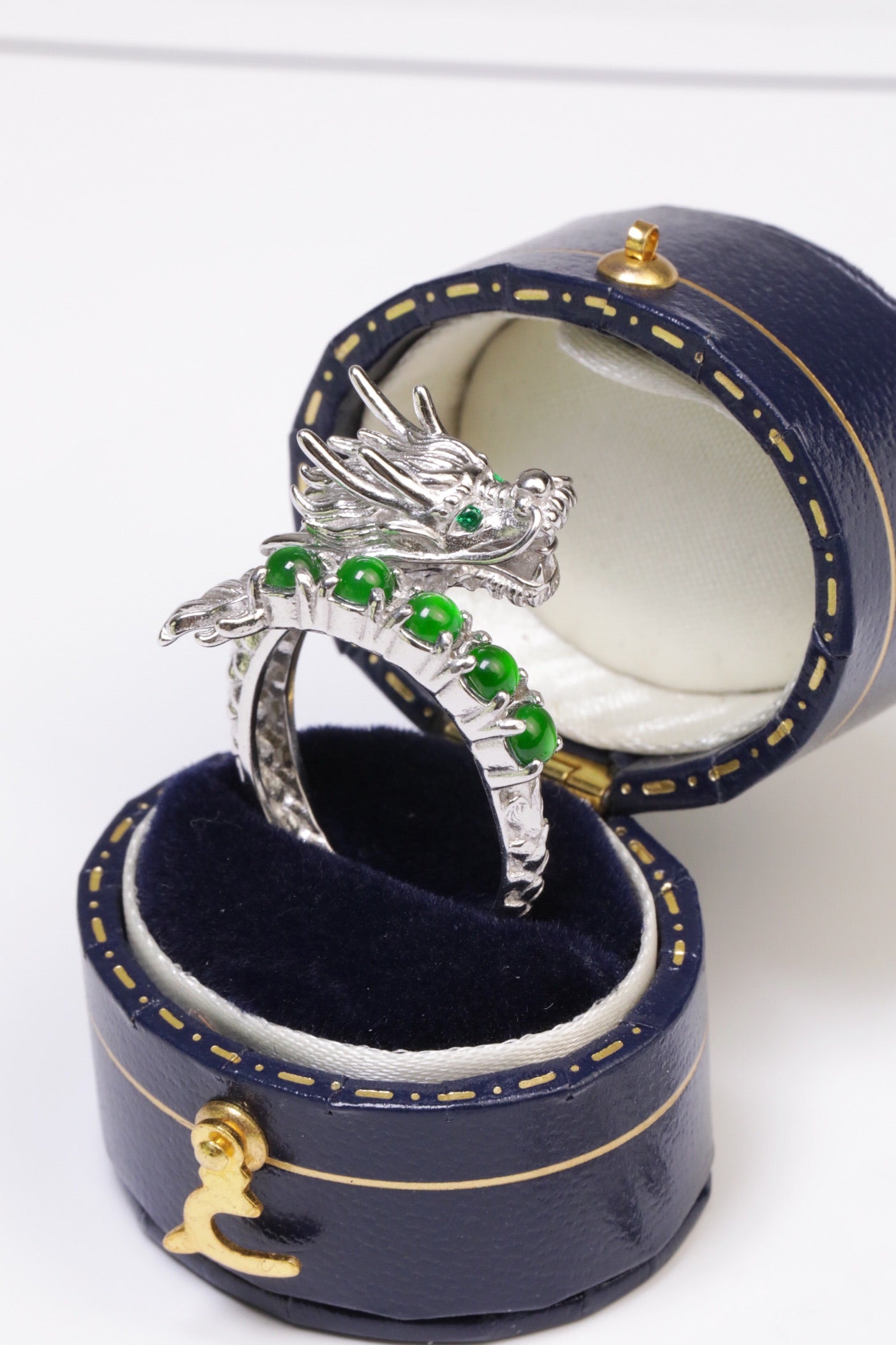 Silver Dragon Ring with 5 Jade Beads
