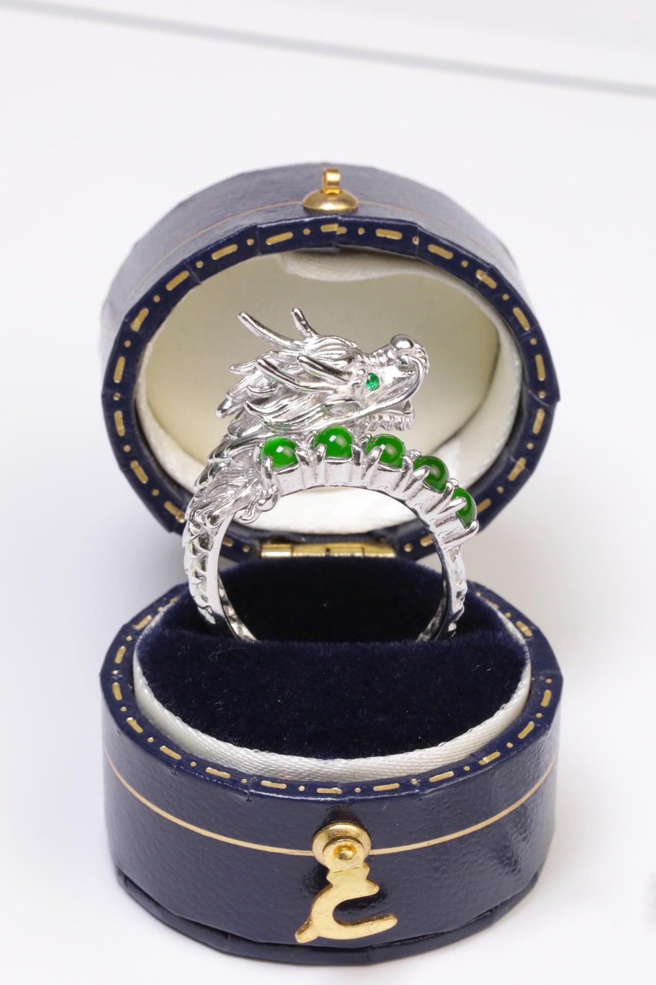 Silver Dragon Ring with 5 Jade Beads