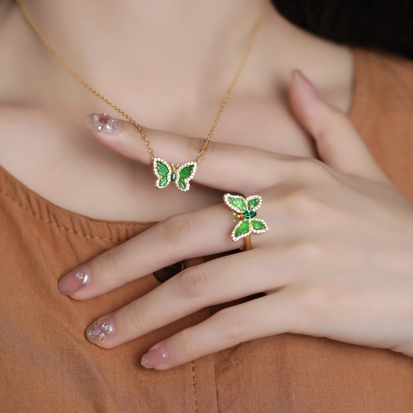 Butterfly Ring-Necklace S925 Silver Jade