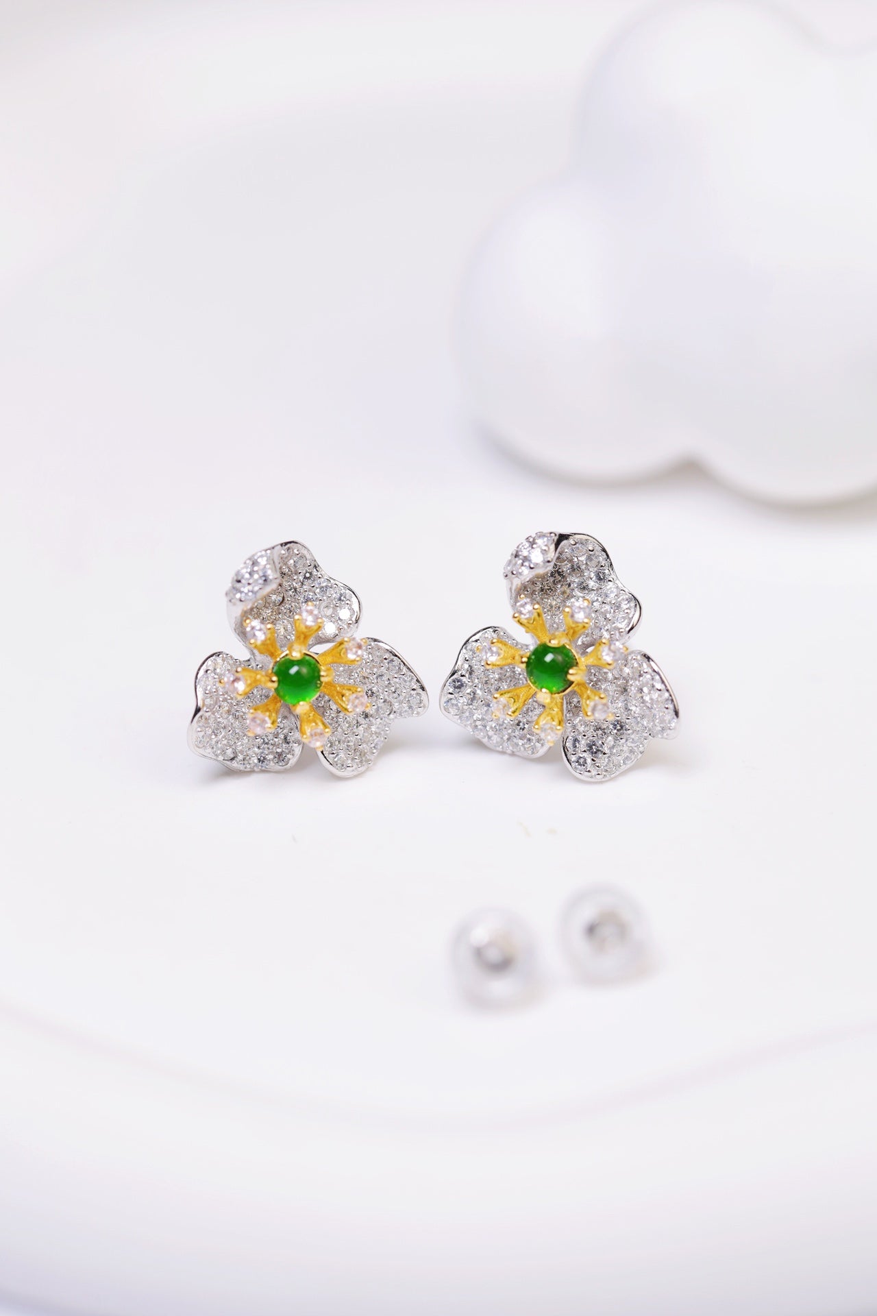 925 silver flower earrings natural jade
