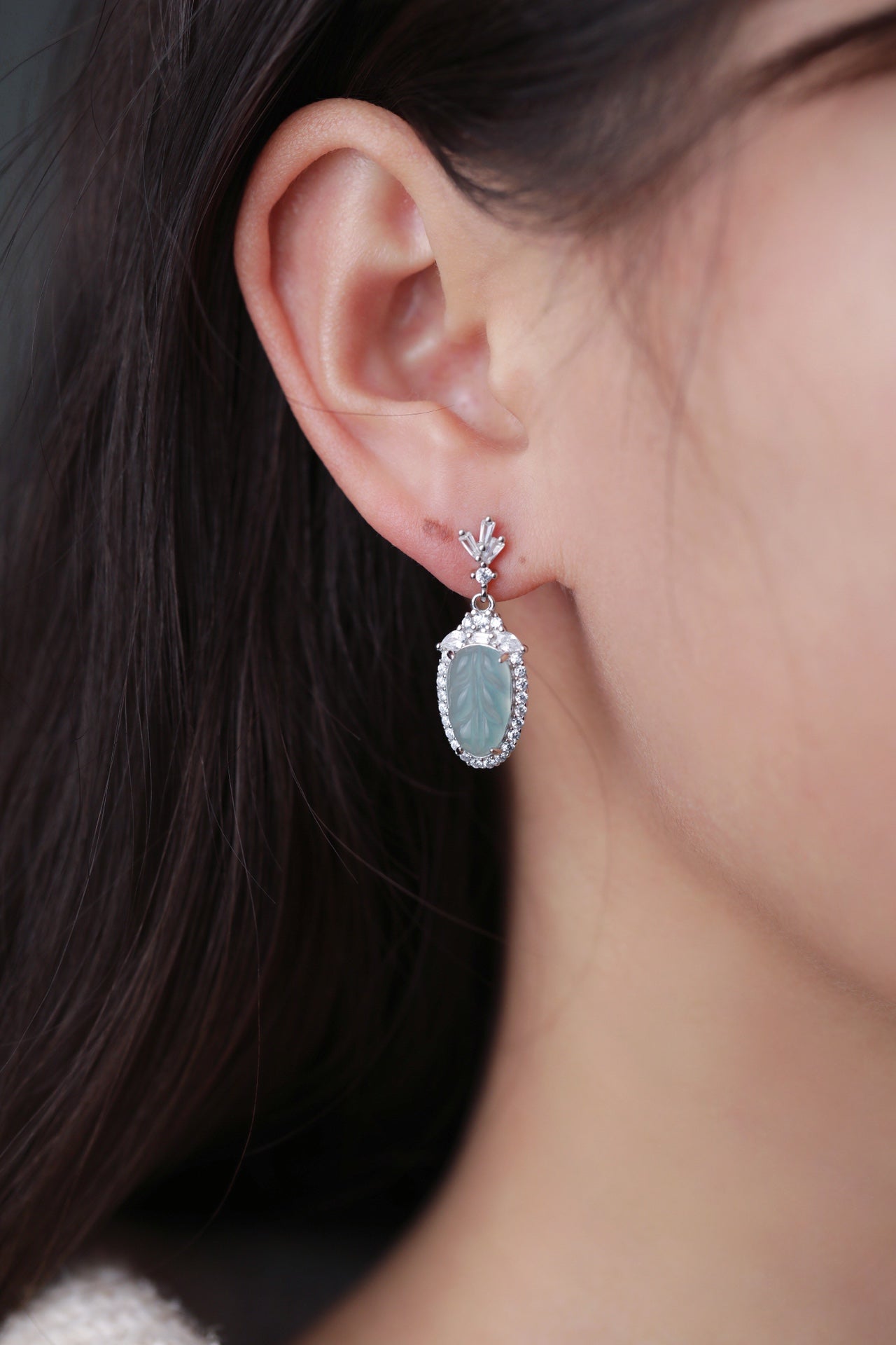 Diamond-Set Ice Jade Leaf Drop Earrings