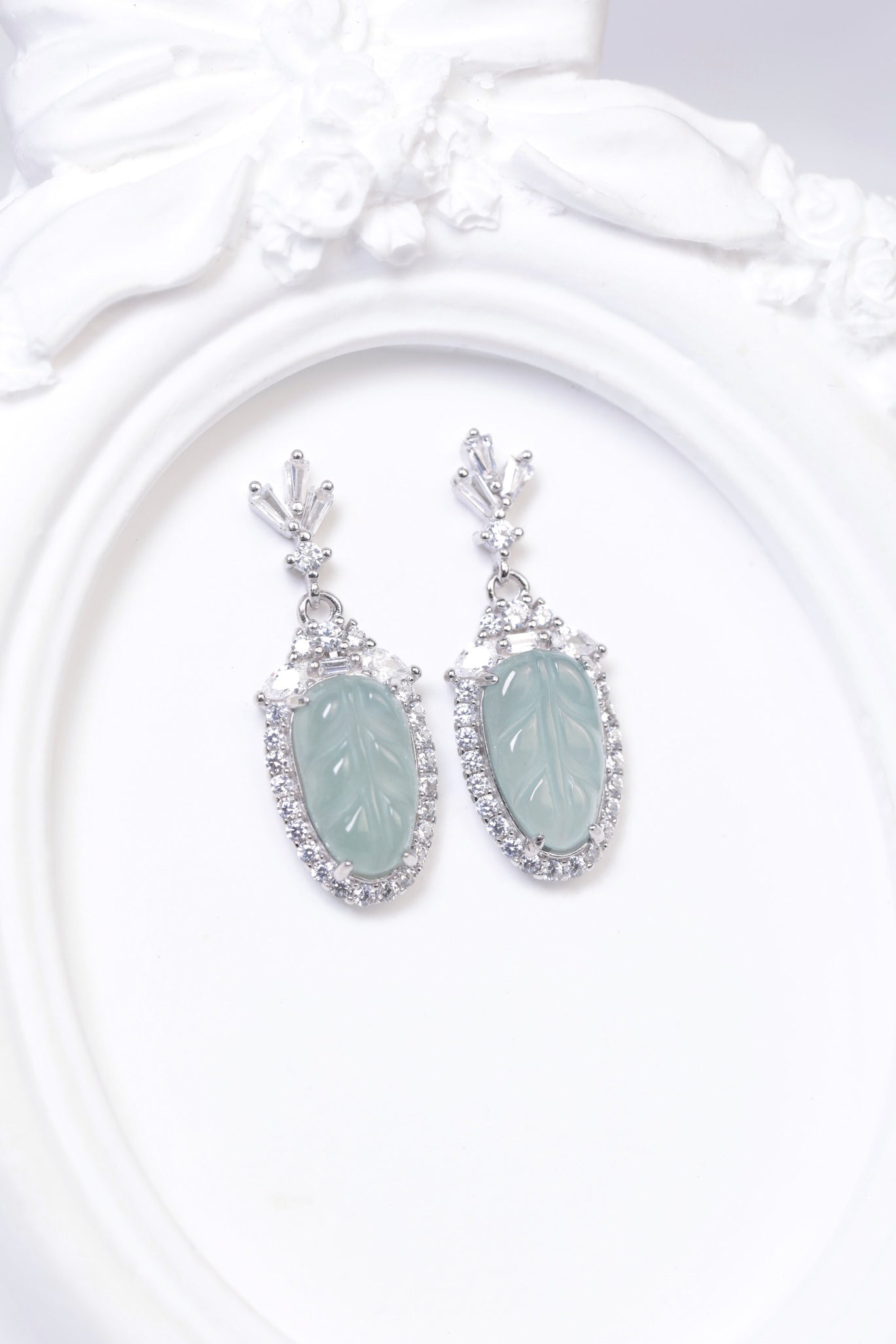Diamond-Set Ice Jade Leaf Drop Earrings