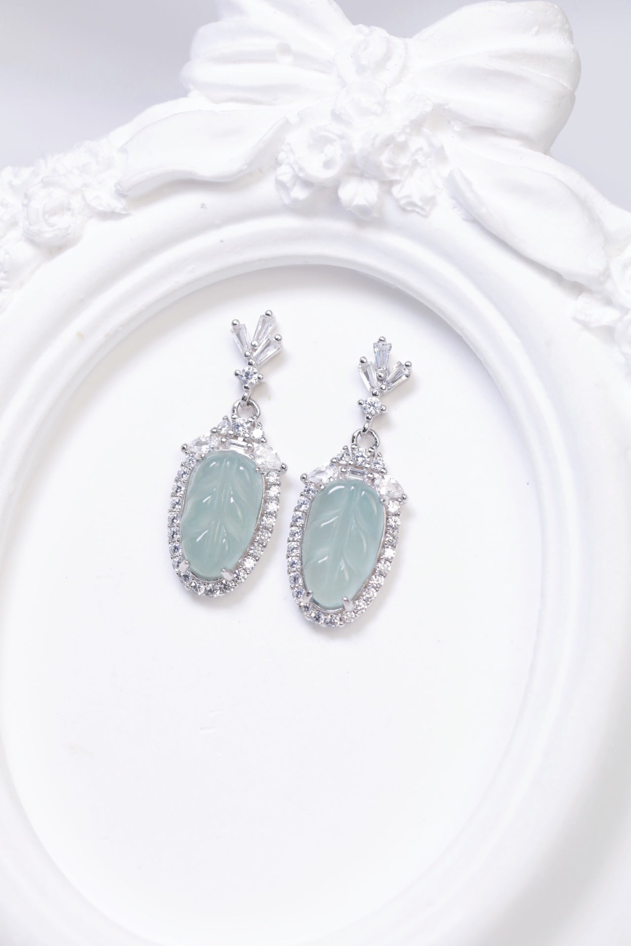 Diamond-Set Ice Jade Leaf Drop Earrings