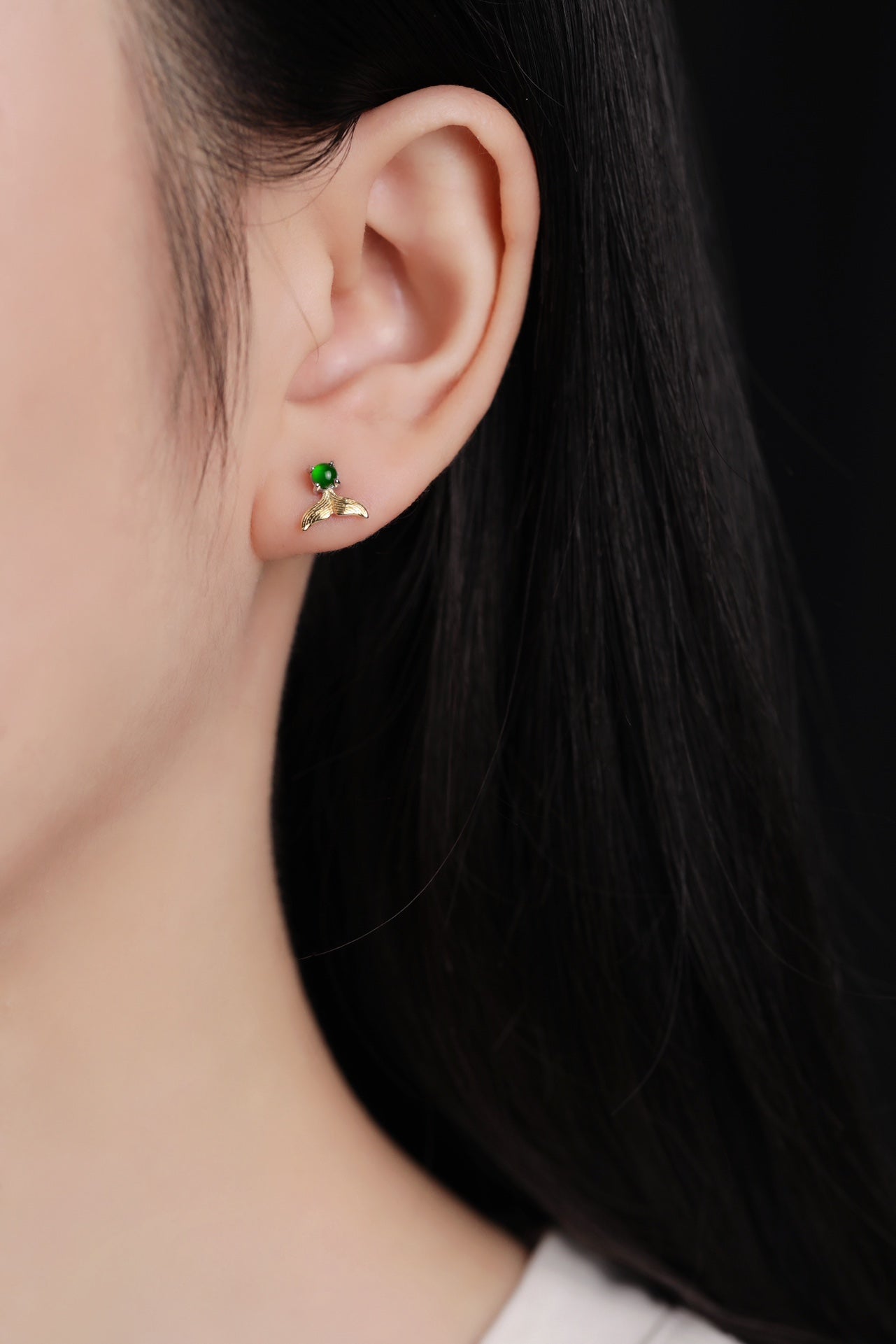 Gold Fish Tail Jade Stud Earrings | Jekira