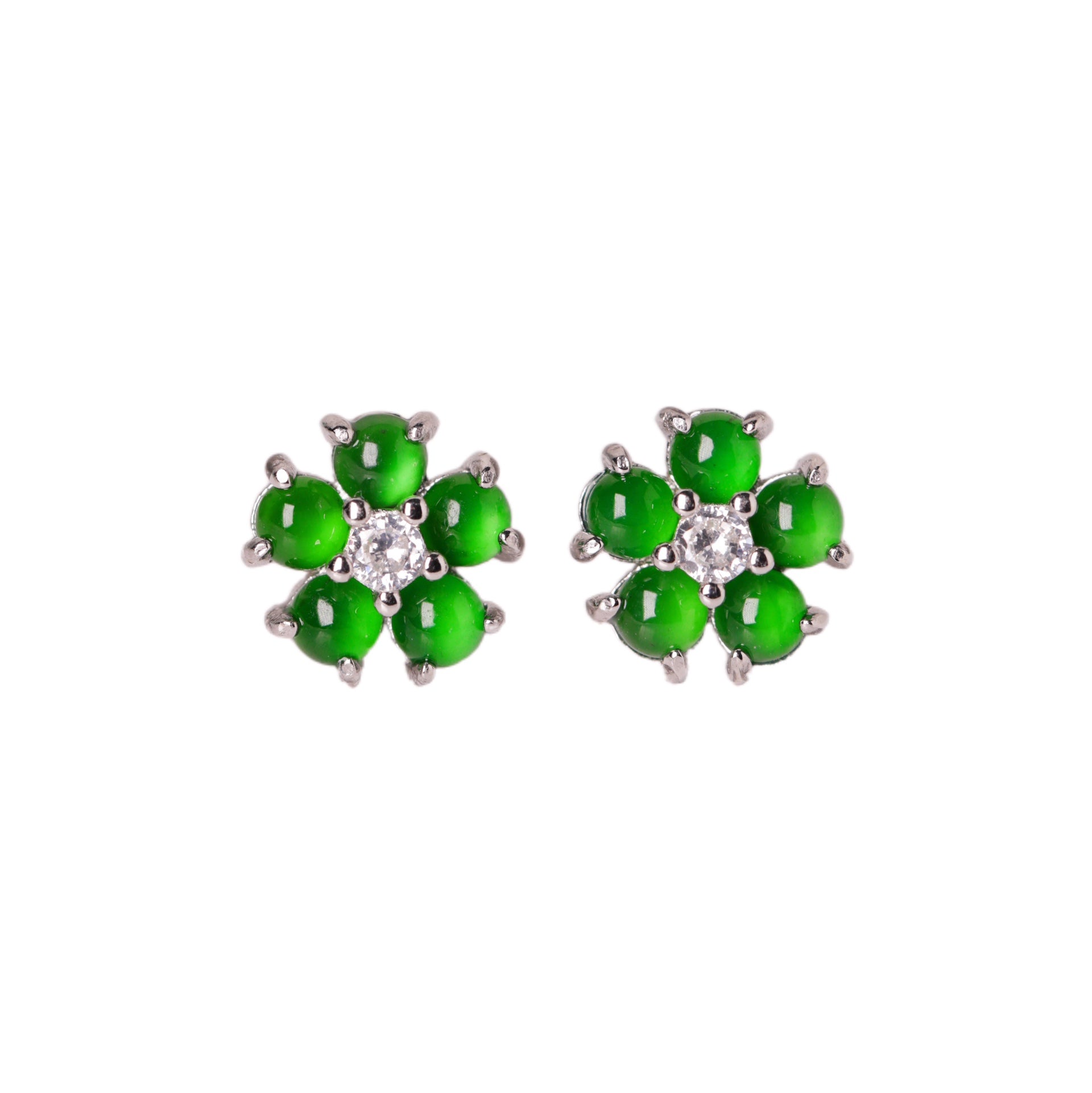 Flower-Shaped Jade & Zircon Earrings | Jekira