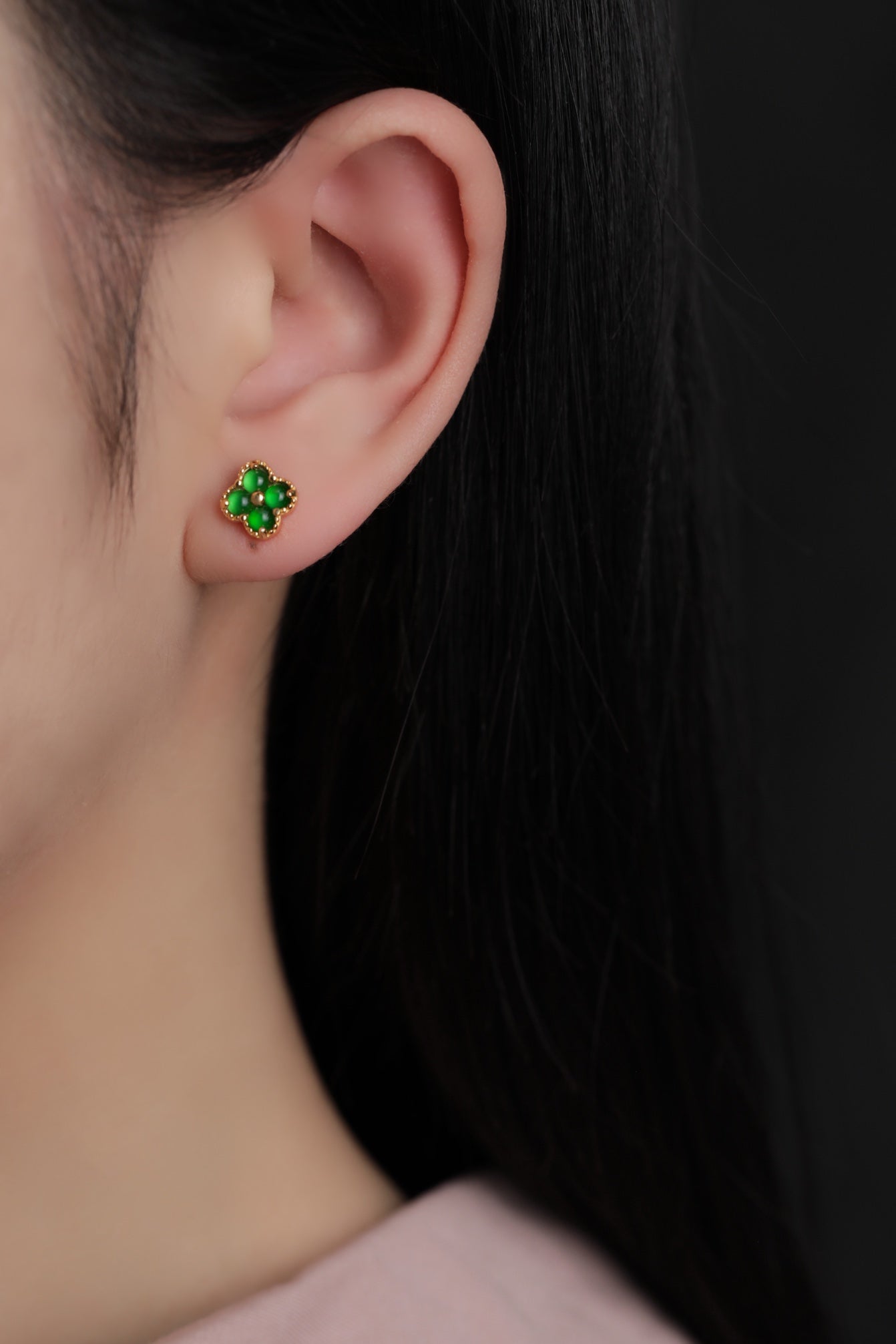 Lucky Clover Jade Stud Earrings in Gold | Jekira
