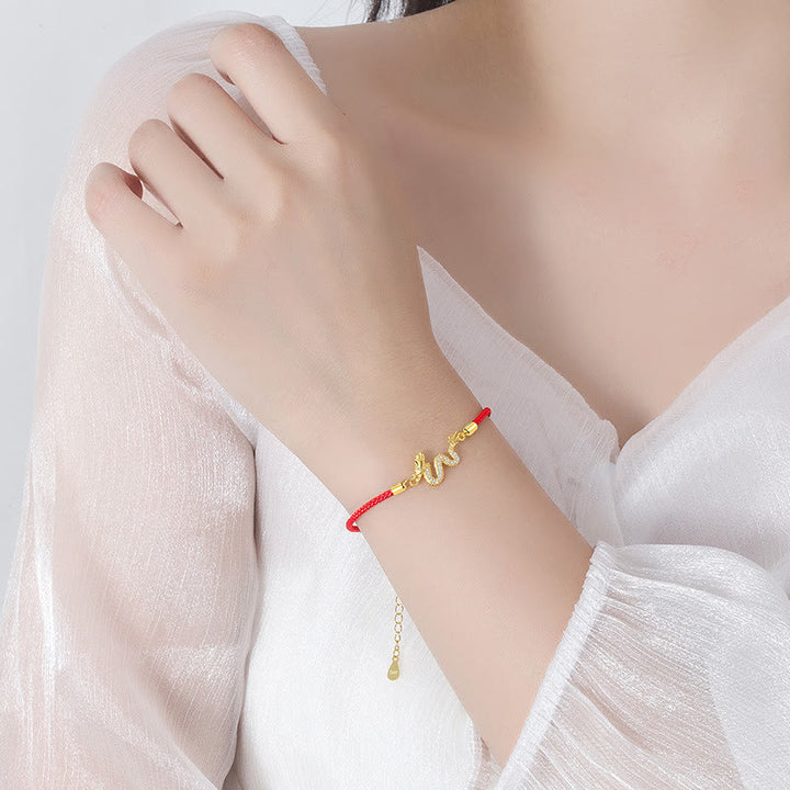 925 Sterling Silver Year Of The Dragon Auspicious Golden Dragon Luck Red Rope Chain Bracelet