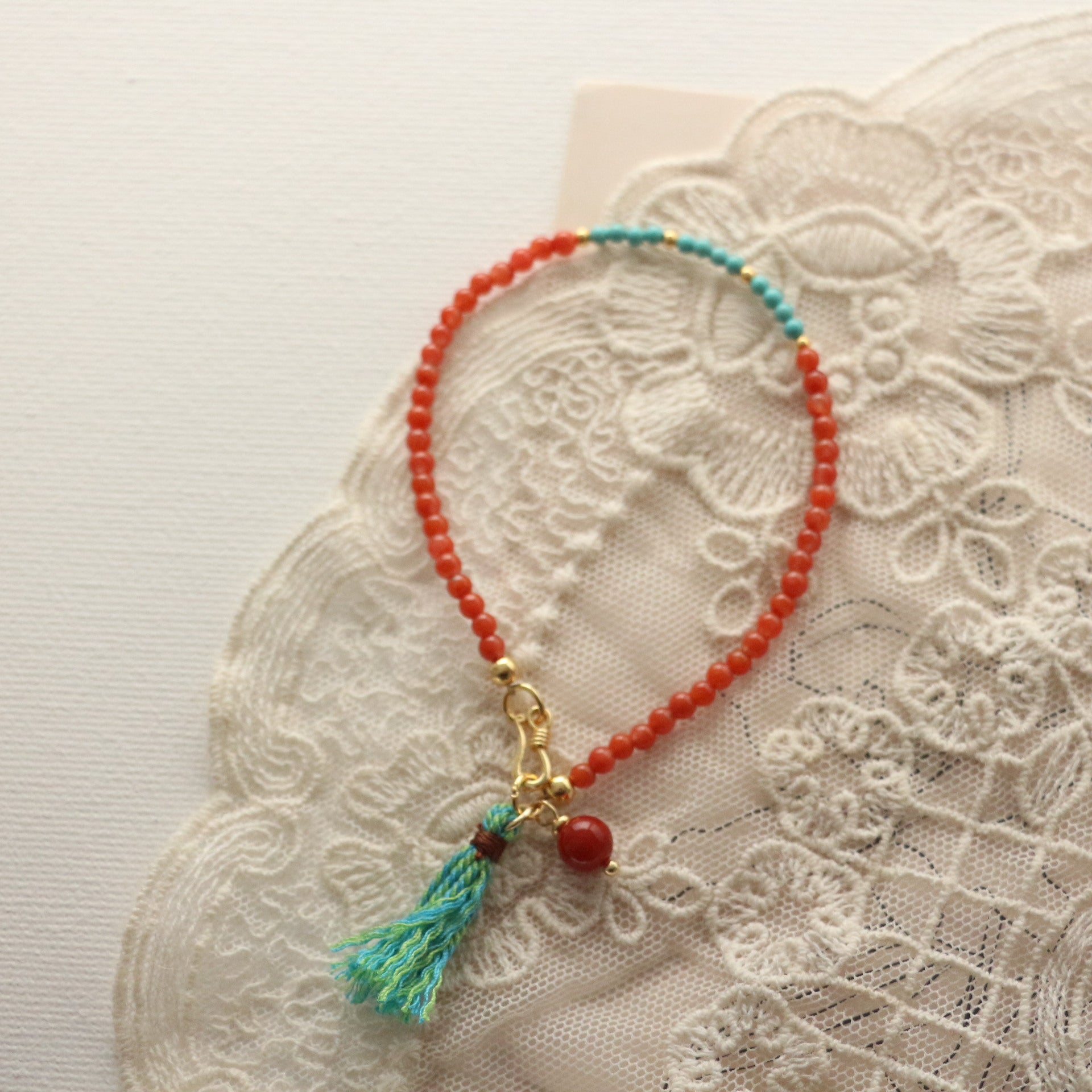 Jekira Red Agate & Turquoise Tassel Necklace with Adjustable 925 Silver Bracelet Set