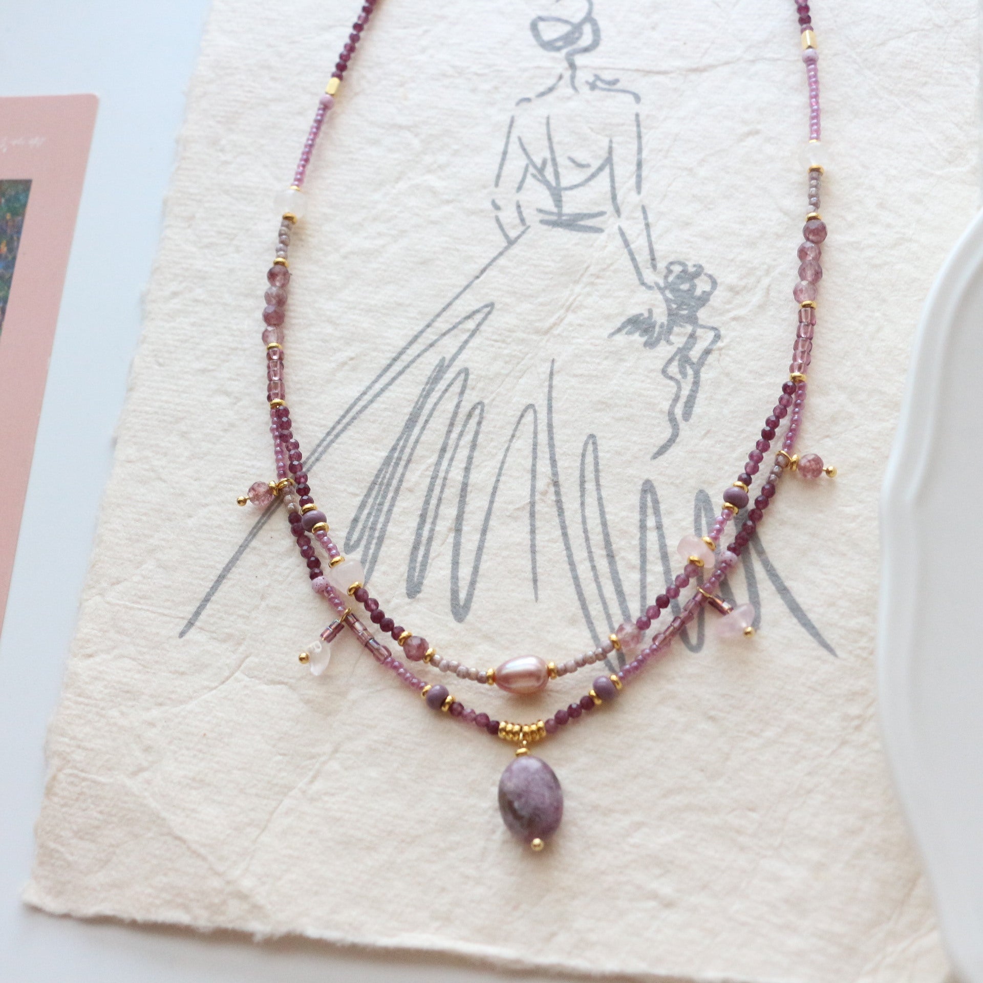 Jekira Lilac Charm Jewelry Set – Layered Baroque Pearl Necklace, Earrings & Ring with Amethyst