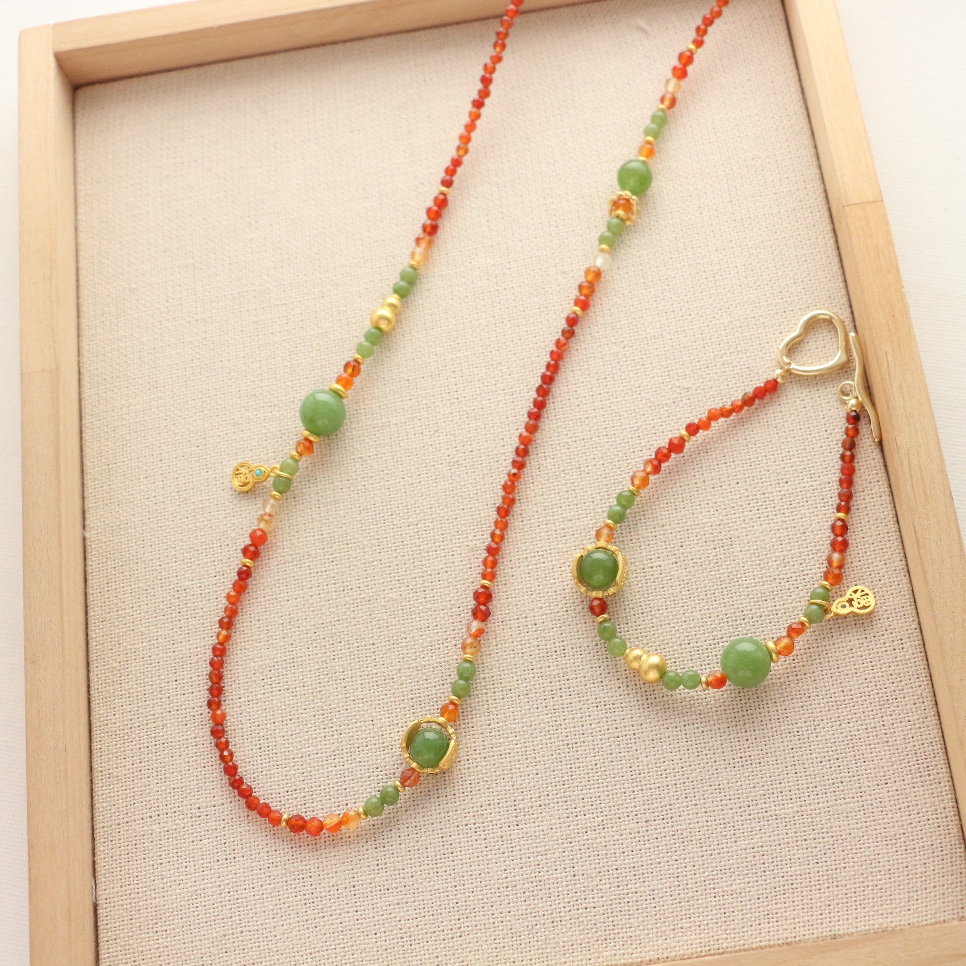 Jekira Retro New Chinese Red Agate & Green Chrysoprase Jewelry Set