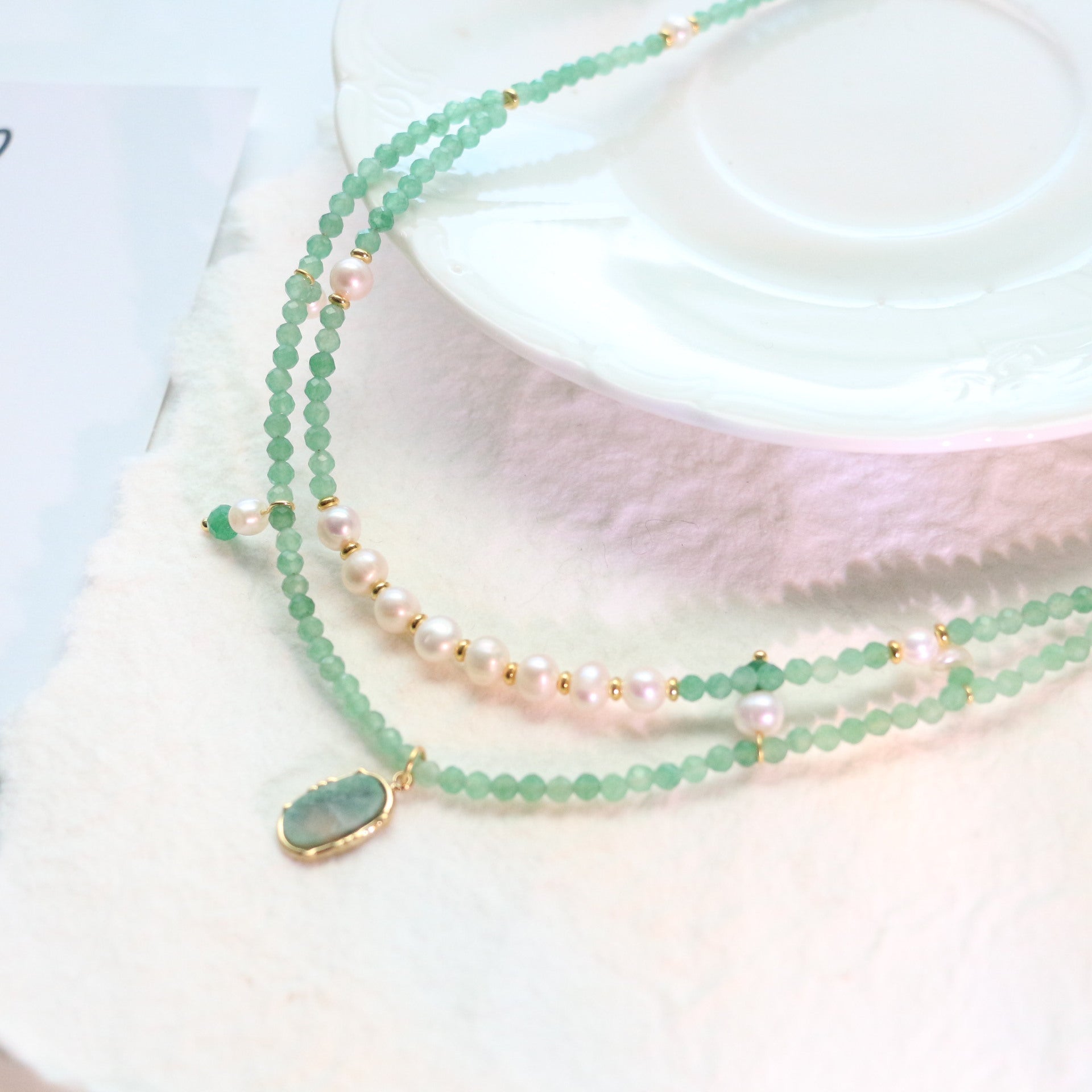 Jekira Royal Green Baroque Pearl Double Layer Necklace - Copper 18K Gold Plated