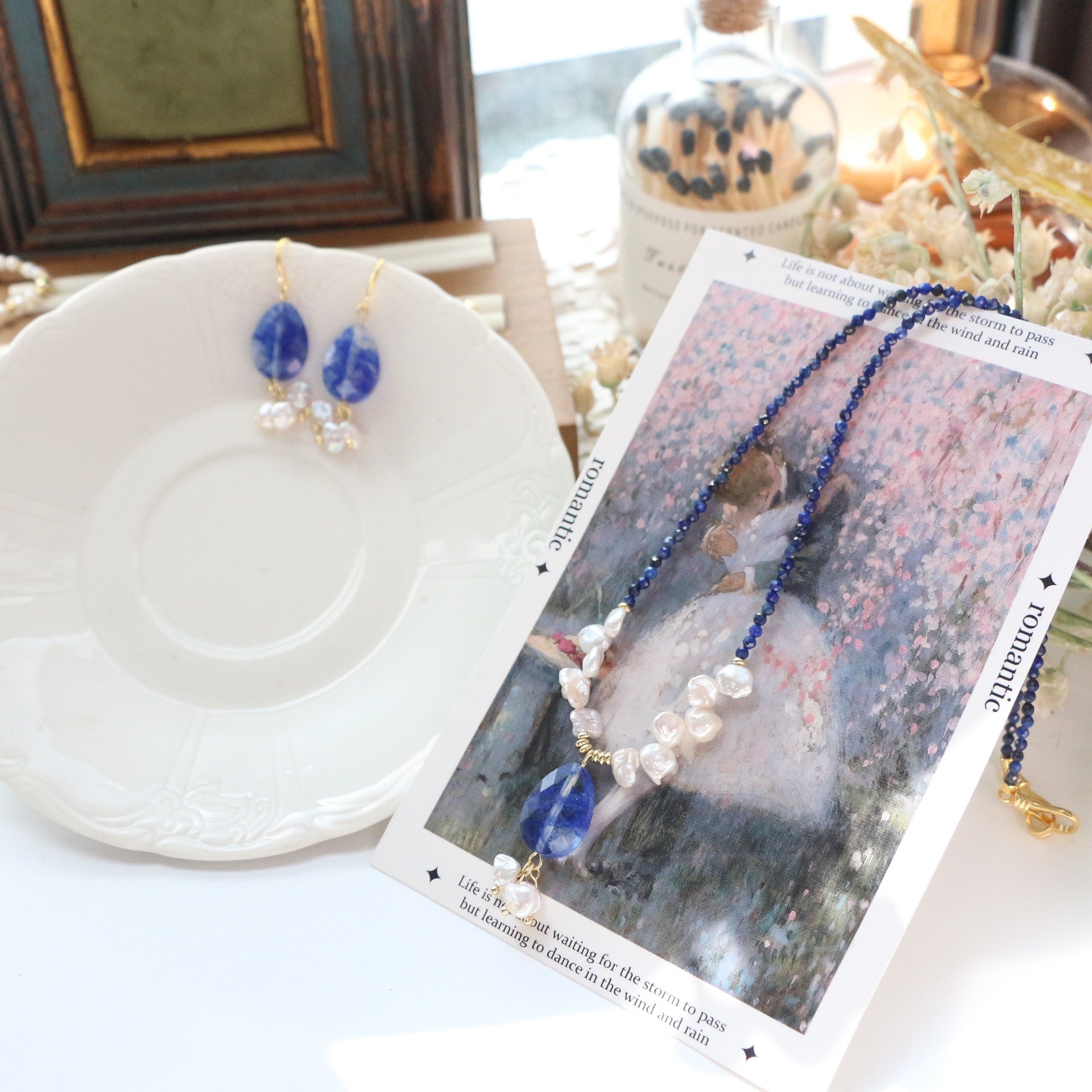 Jekira Lapis Lazuli & Petal Pearl Beaded Necklace and Earrings Set