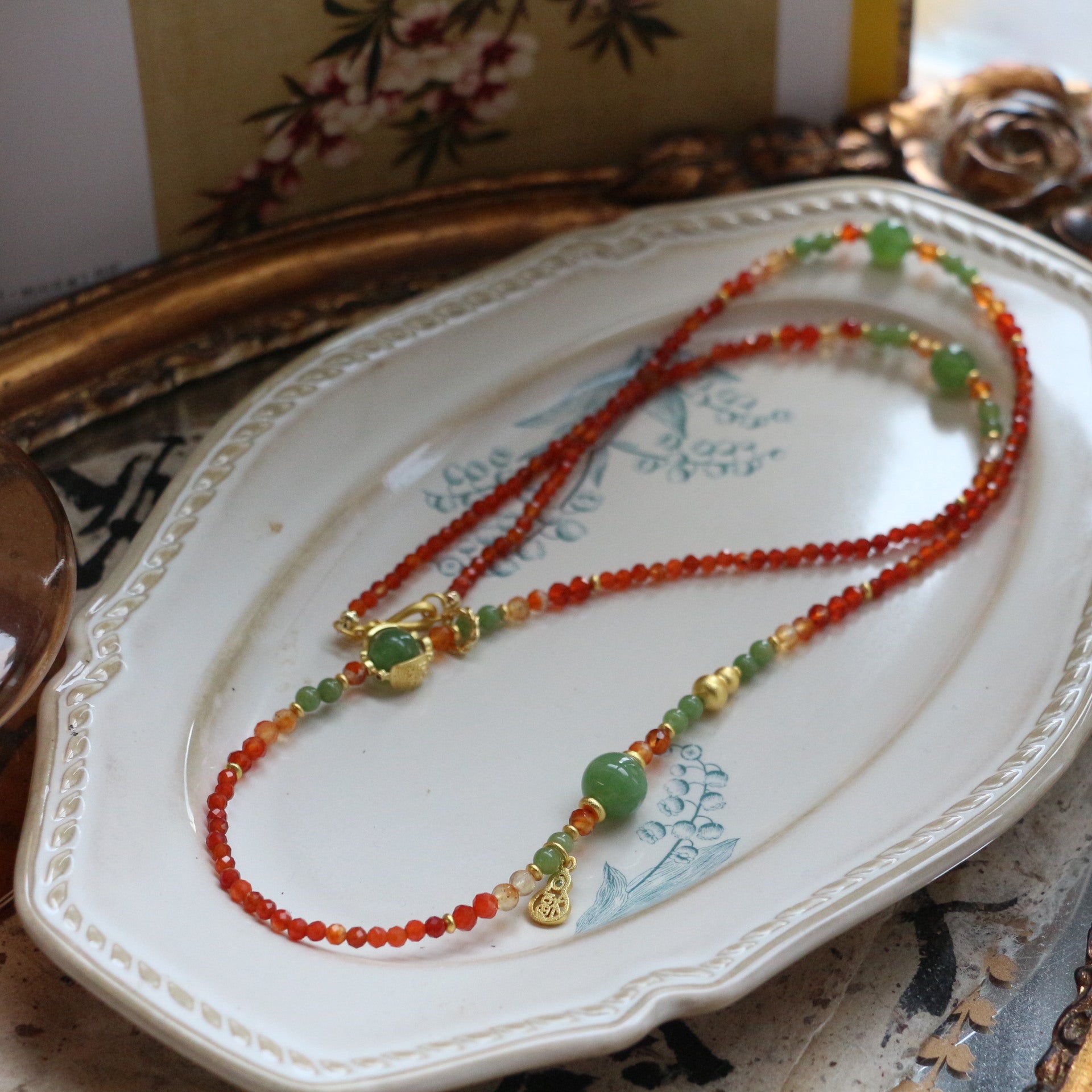 Jekira Retro New Chinese Red Agate & Green Chrysoprase Jewelry Set