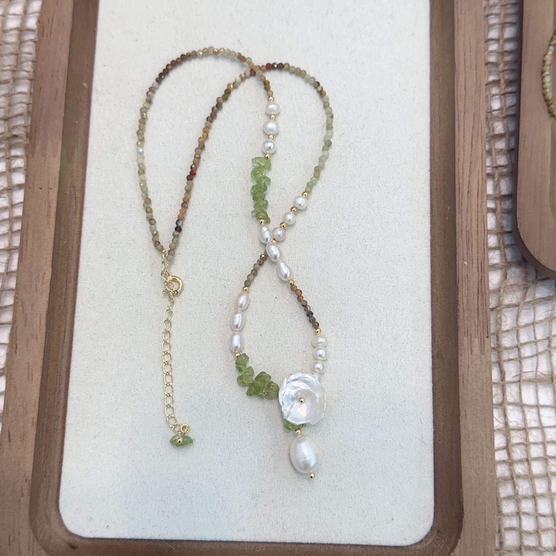 Jekira Green Gemstone & Baroque Pearl Jewelry Set (Necklace+Earrings)
