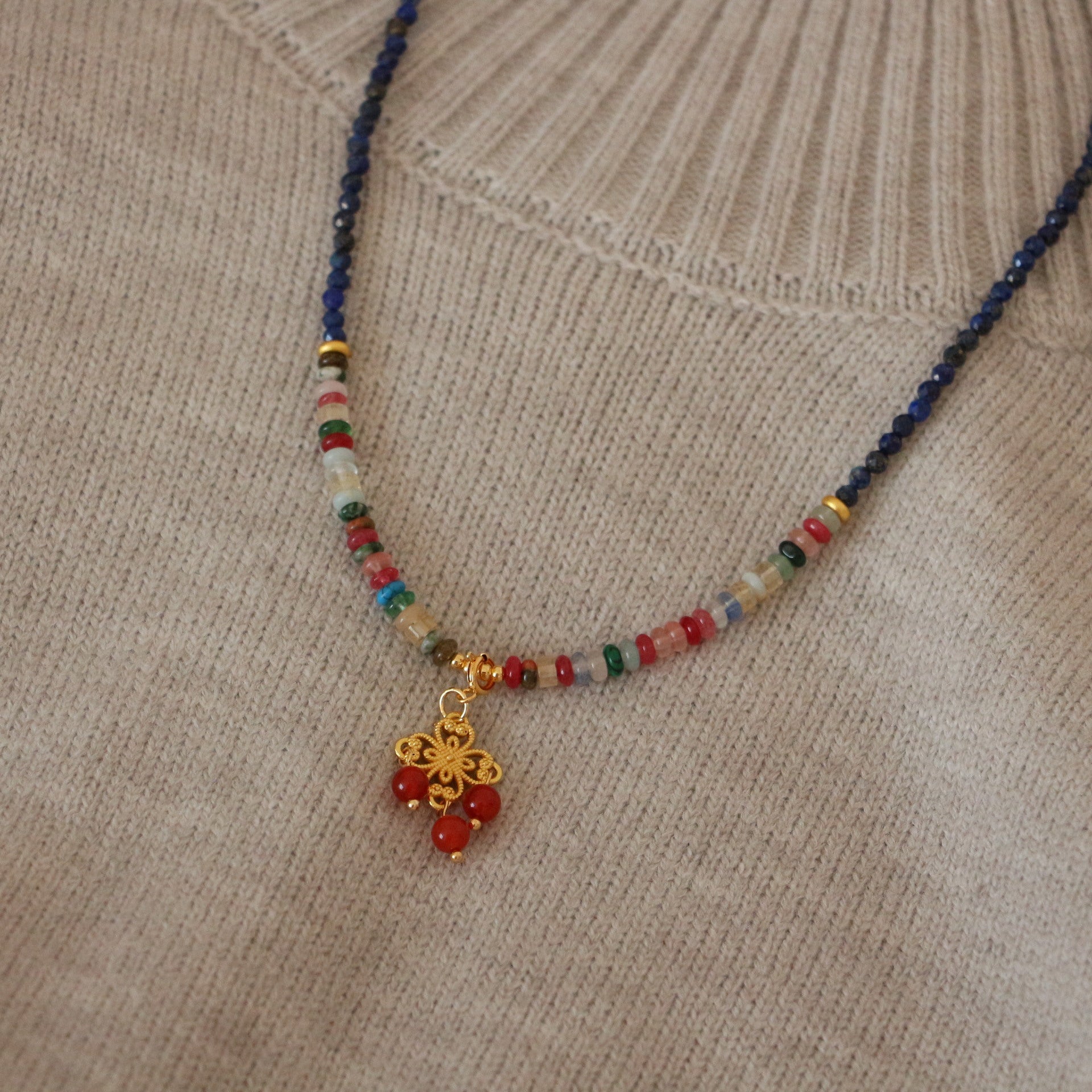 Jekira Chinese-Style Lapis Lazuli & Agate Necklace