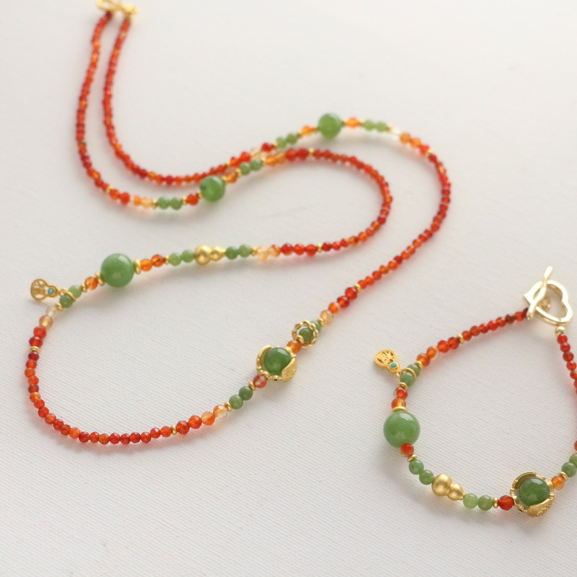 Jekira Retro New Chinese Red Agate & Green Chrysoprase Jewelry Set