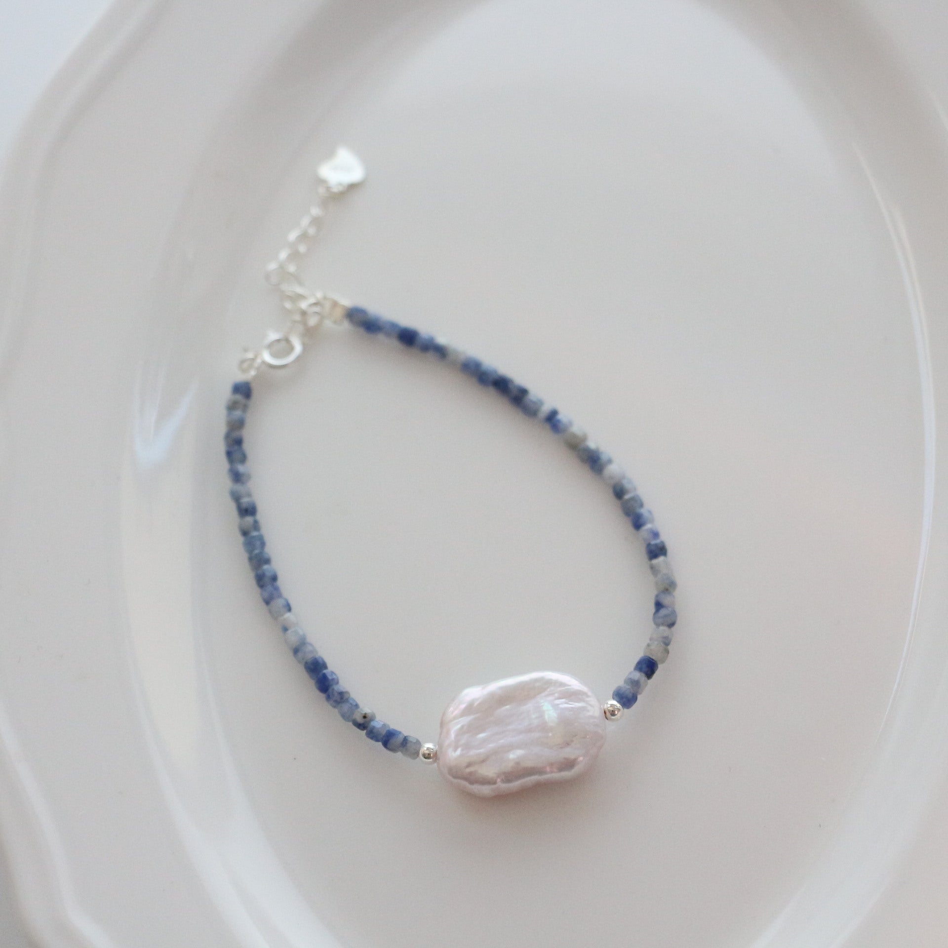 Jekira Blue Lace Agate & Pearl Set – 925 Silver Necklace & Bracelet