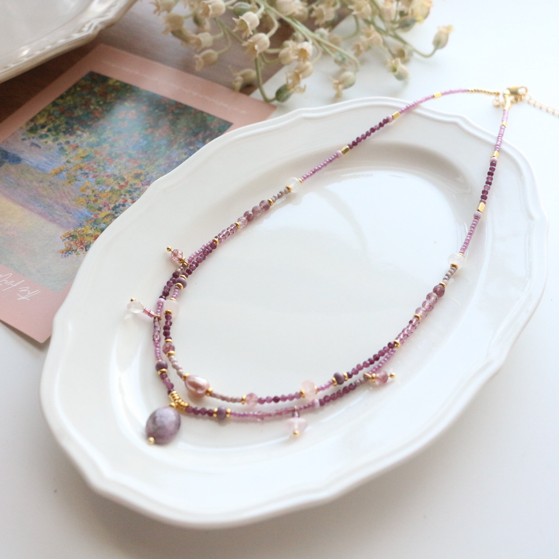 Jekira Lilac Charm Jewelry Set – Layered Baroque Pearl Necklace, Earrings & Ring with Amethyst