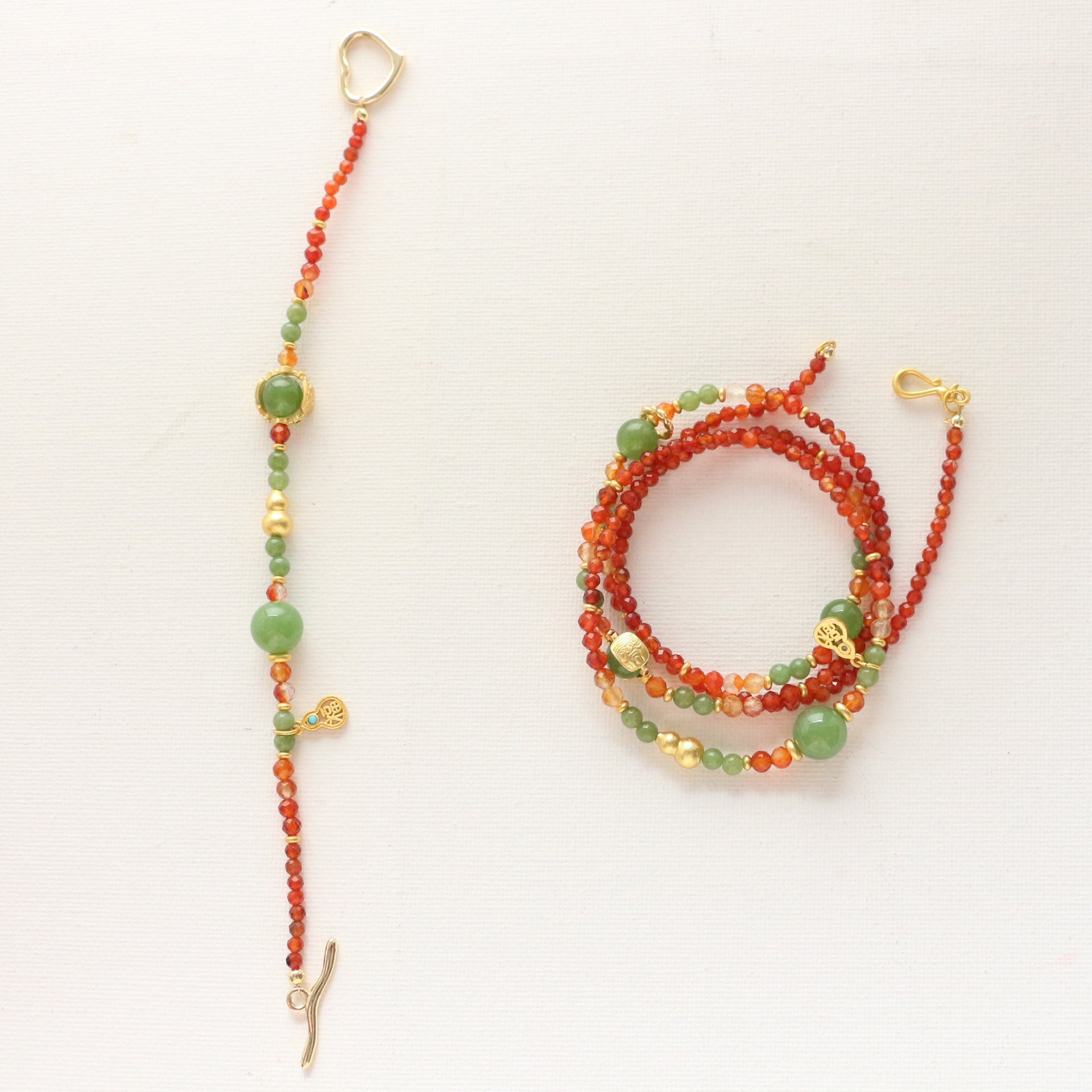 Jekira Retro New Chinese Red Agate & Green Chrysoprase Jewelry Set