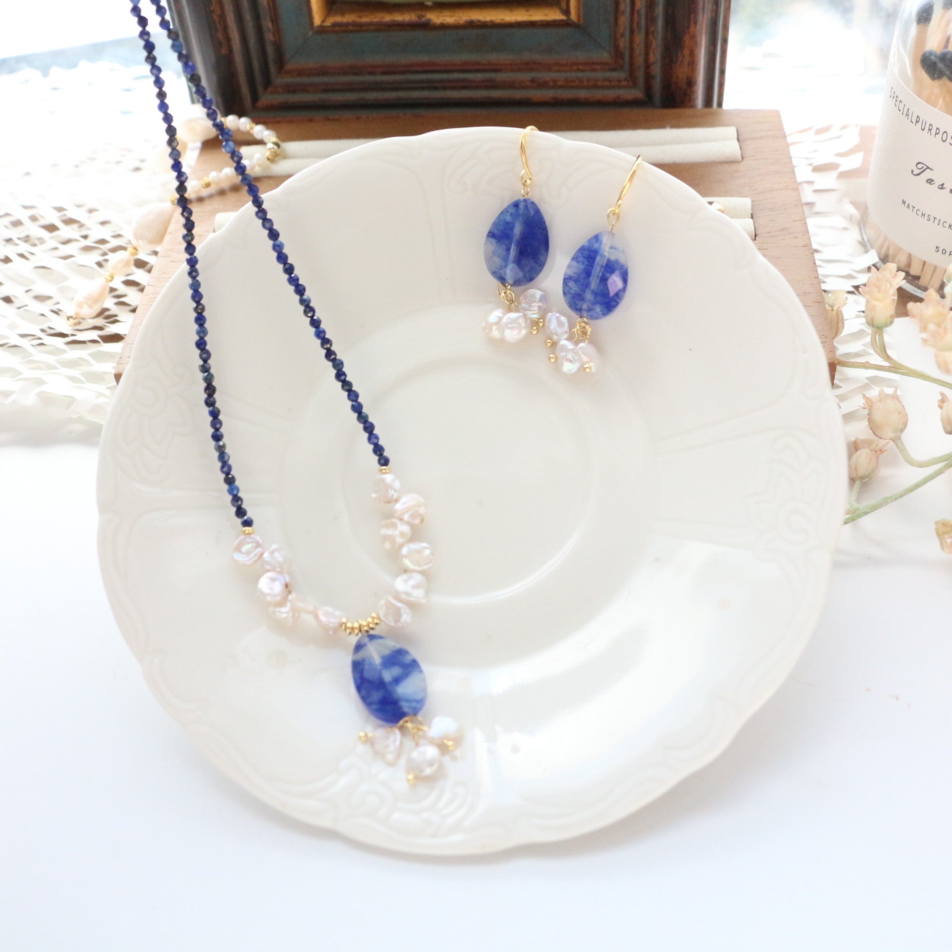 Jekira Lapis Lazuli & Petal Pearl Beaded Necklace and Earrings Set