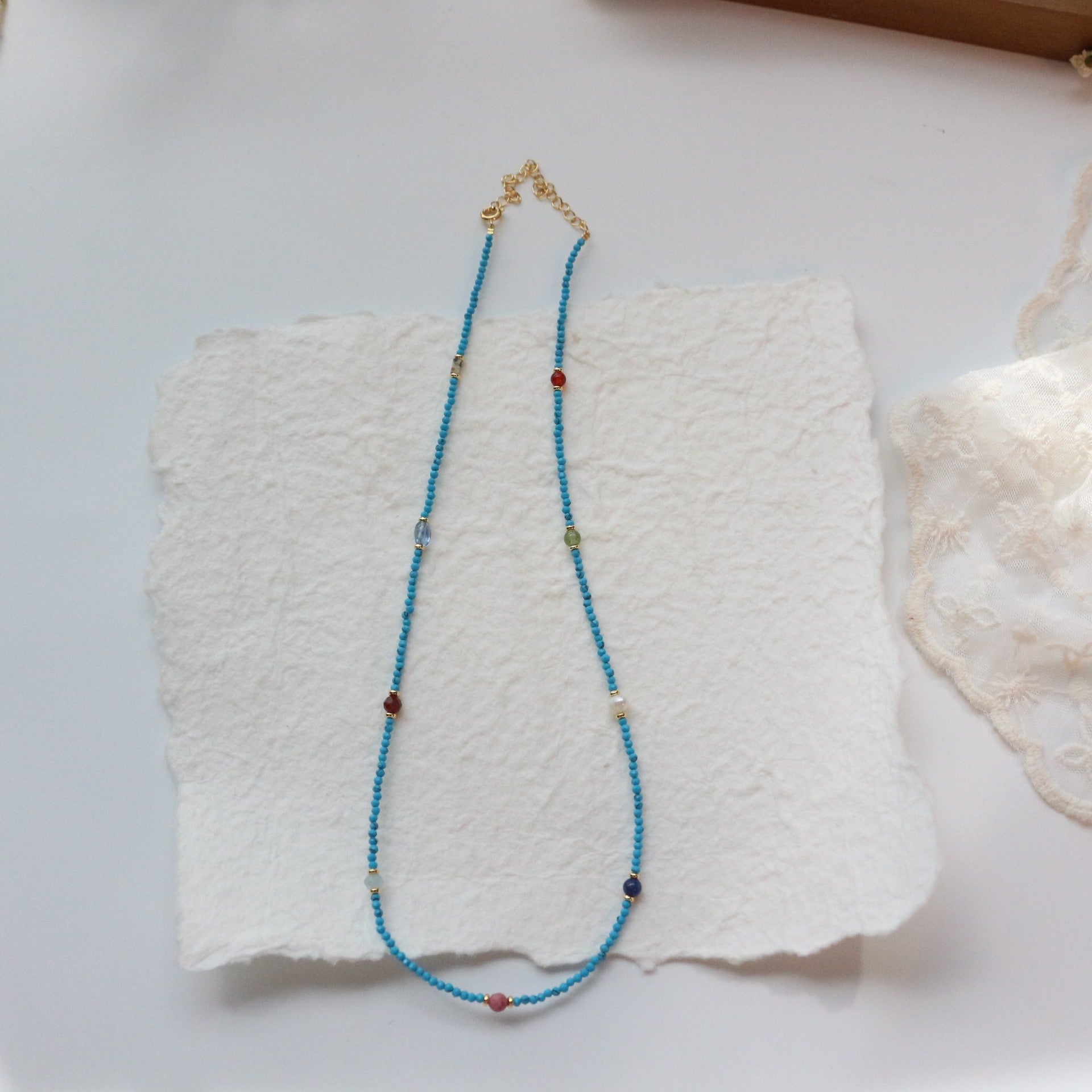 Jekira Multigem Turquoise & Pearl Adjustable Necklace – Minimalist Summer Jewelry