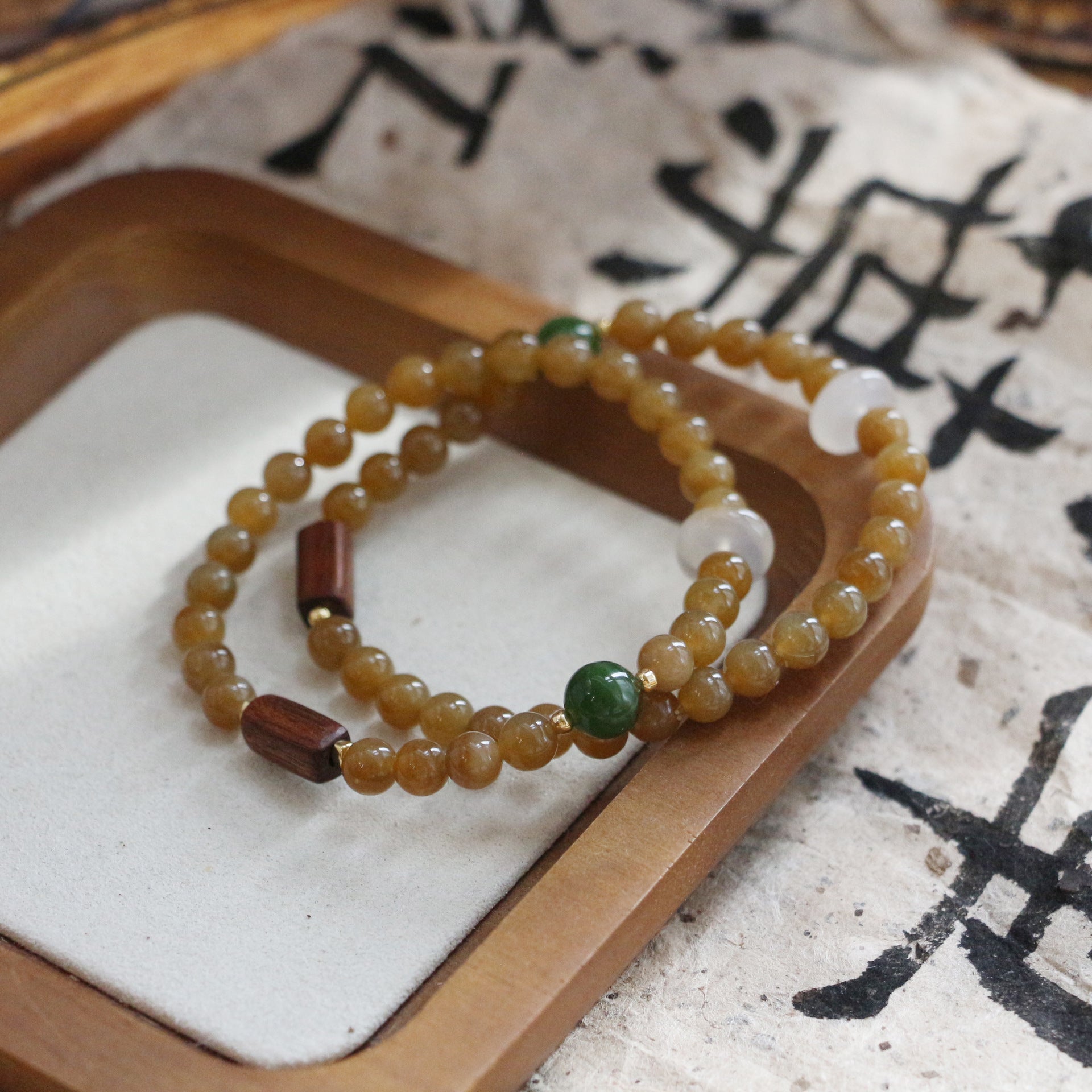 JEKIRA Honeyed Hetian Jade & Wood Bead Bracelet