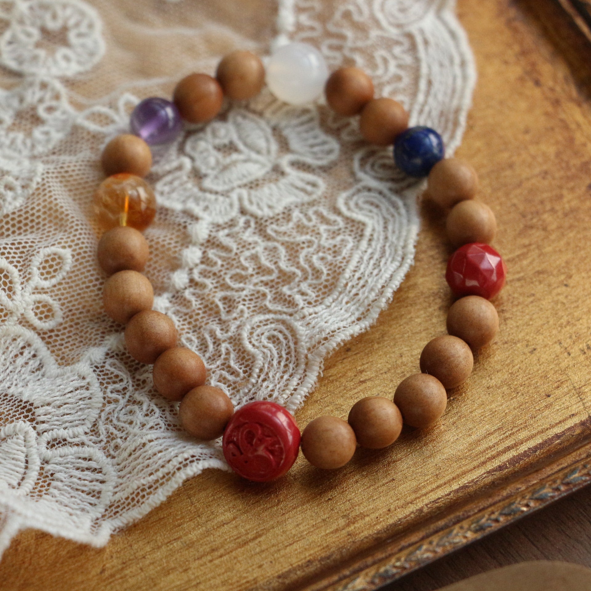 Jekira Chakra Balancing Bracelet: Sandalwood & Multi-Crystal with Royal Cinnabar