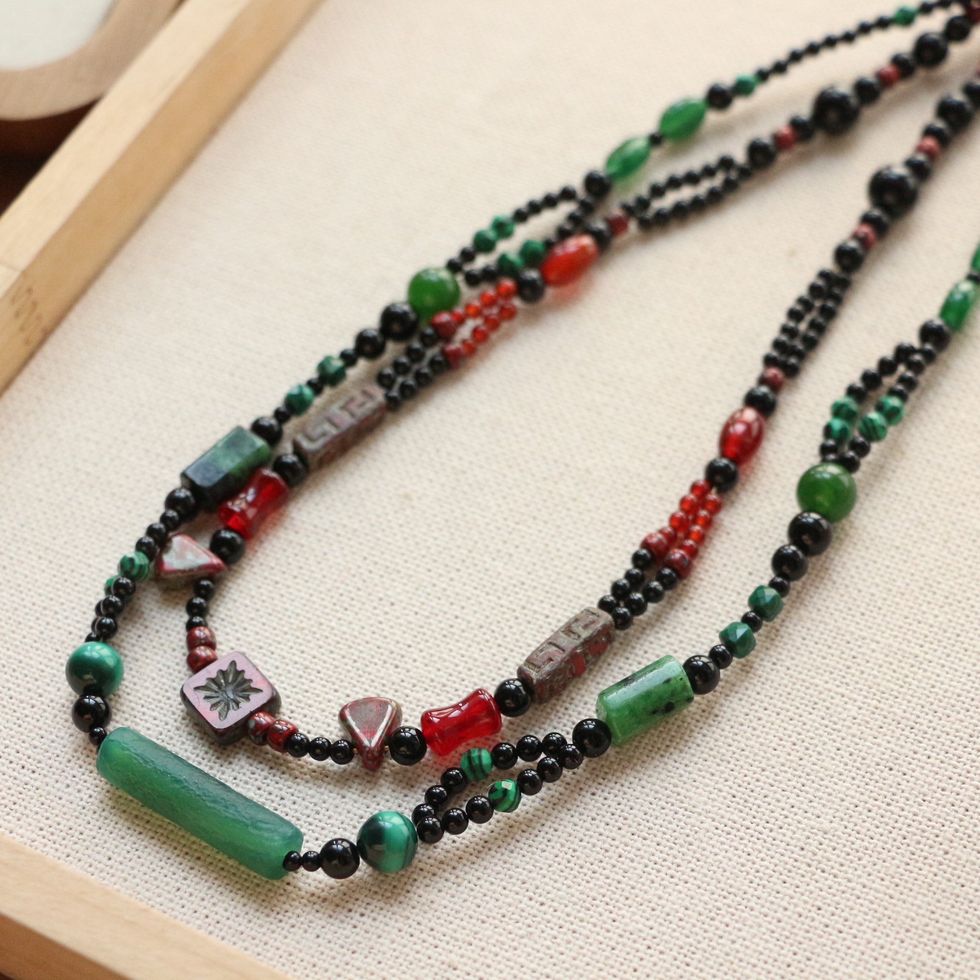 Jekira Black & Green Agate Necklace and Red & Black Agate Bead Necklace