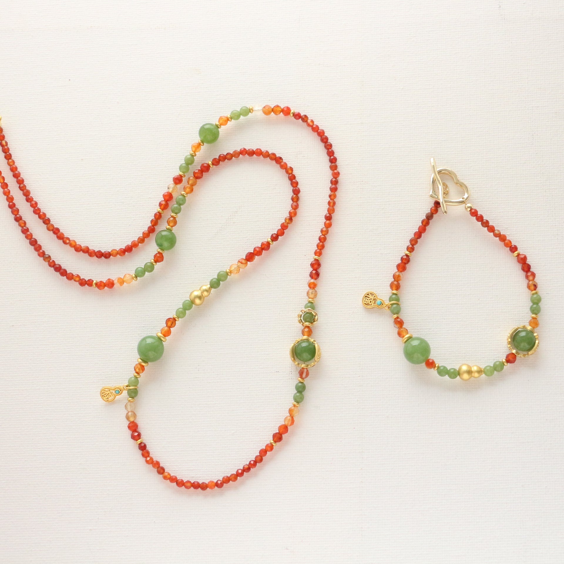 Jekira Retro New Chinese Red Agate & Green Chrysoprase Jewelry Set