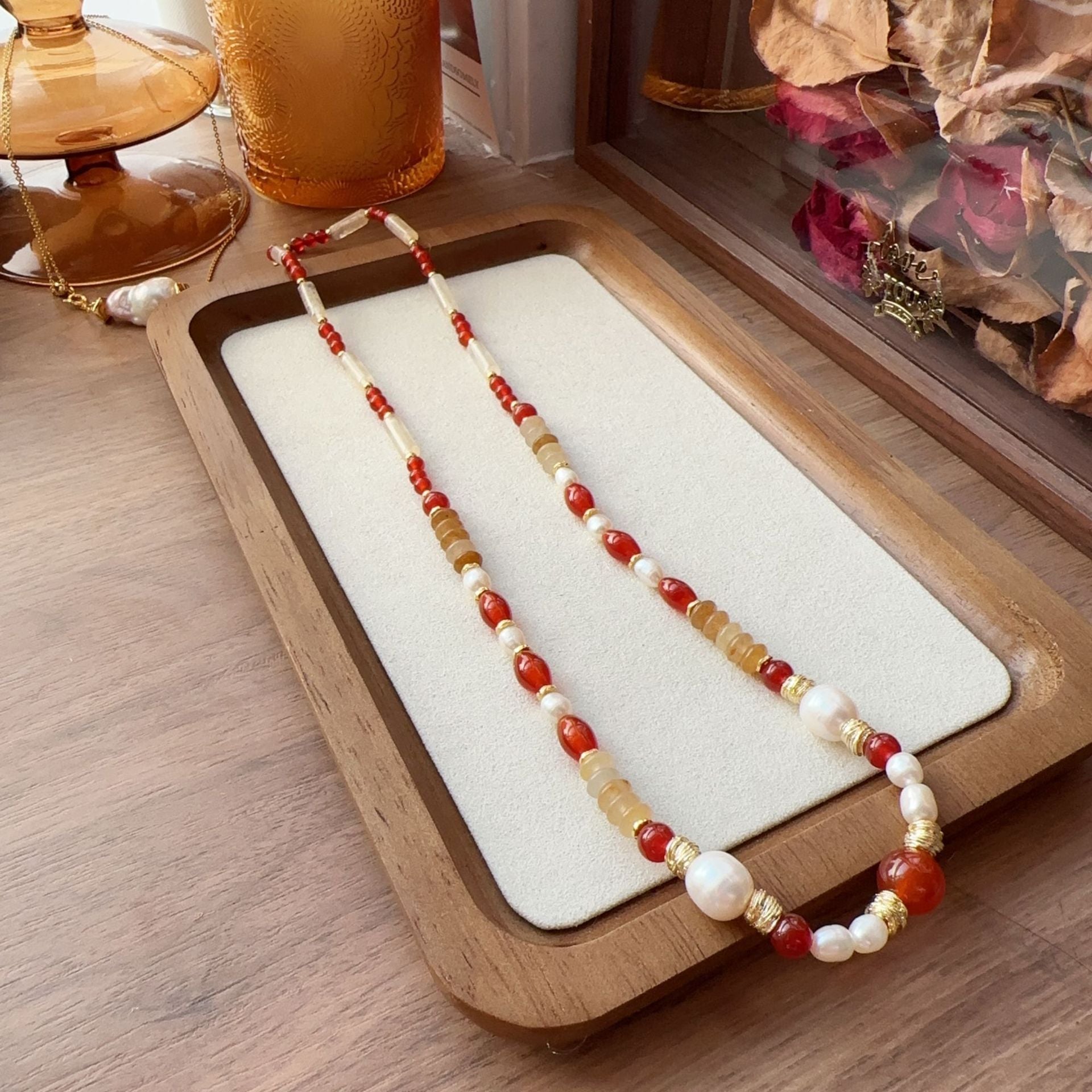 Jekira | Red Agate Long Beaded Necklace with Yellow Gemstone & Baroque Pearl – 56+6cm