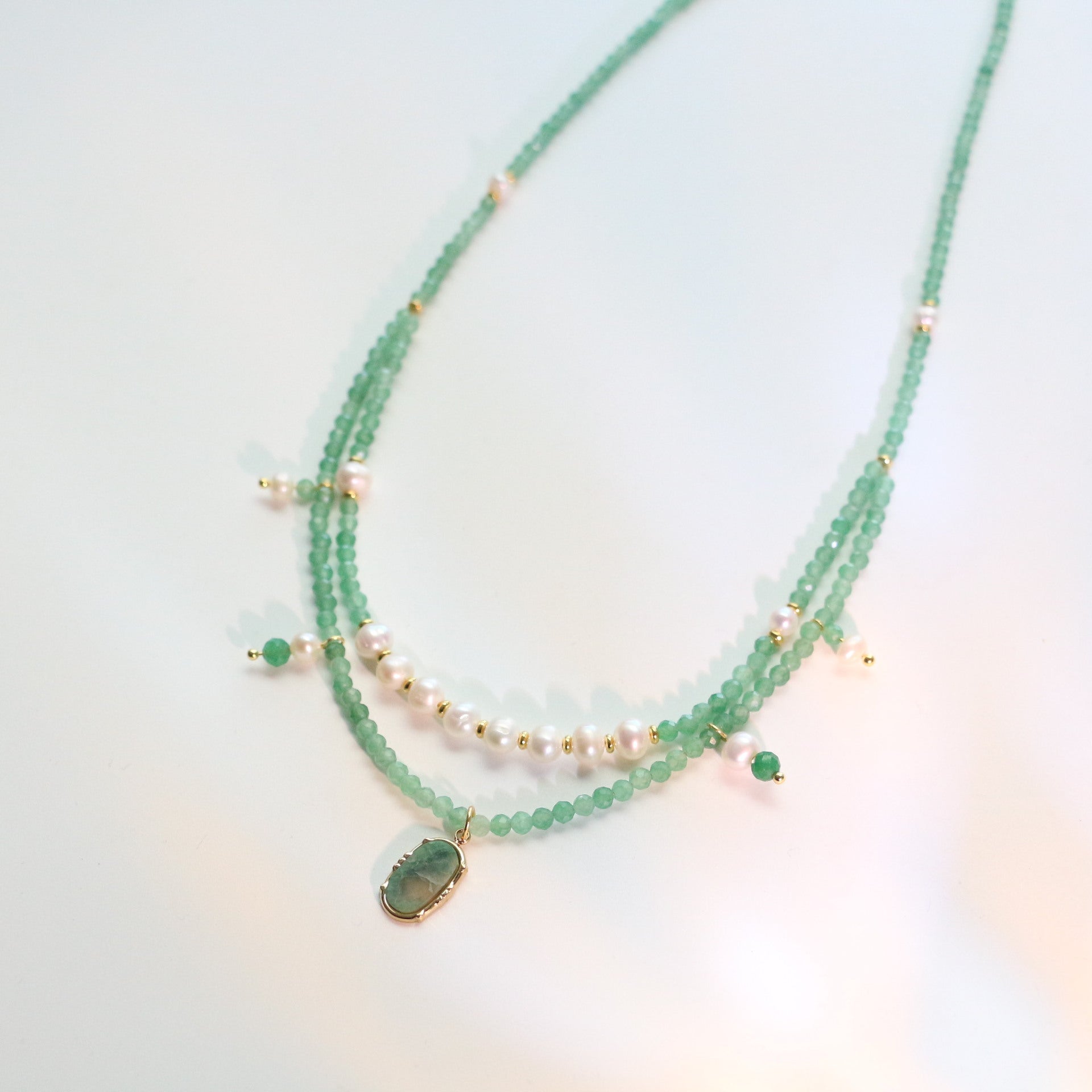 Jekira Royal Green Baroque Pearl Double Layer Necklace - Copper 18K Gold Plated