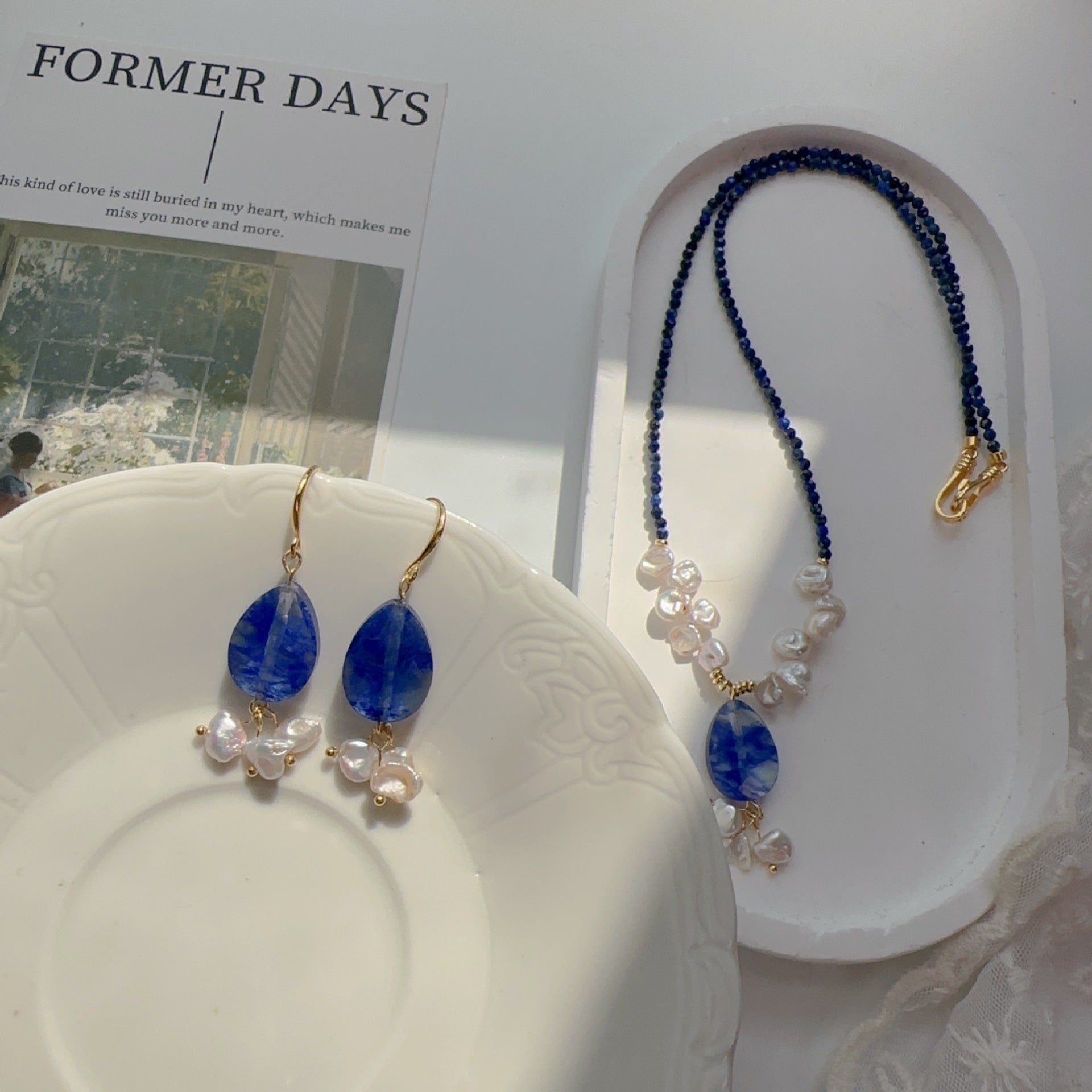 Jekira Lapis Lazuli & Petal Pearl Beaded Necklace and Earrings Set
