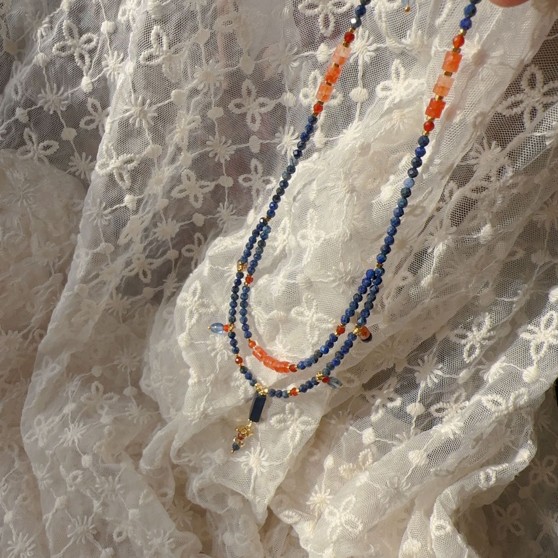 JEKIRA Double-Layer Lapis Lazuli & Red Agate Pendant Necklace