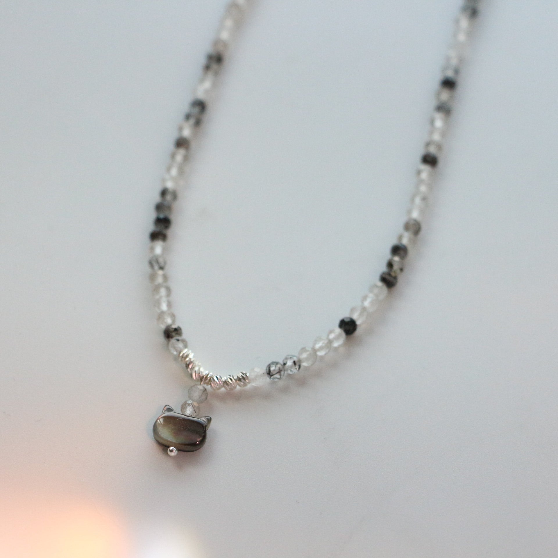 JEKIRA Black Crystal & Shell Cat Pendant Necklace Set