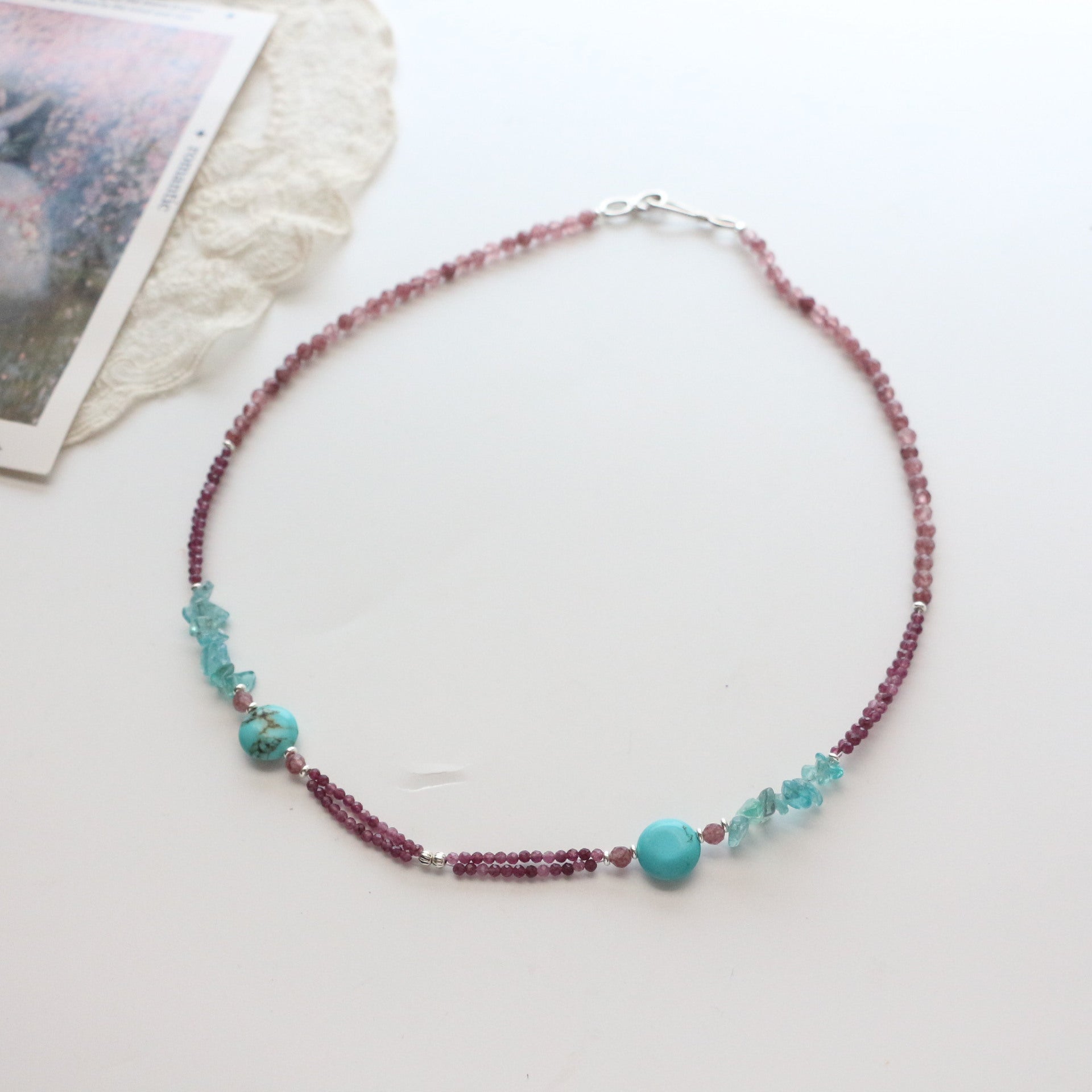 Jekira Lavender Stone & Turquoise Silver Necklace Set with 999 Pure Silver Lock Pendant