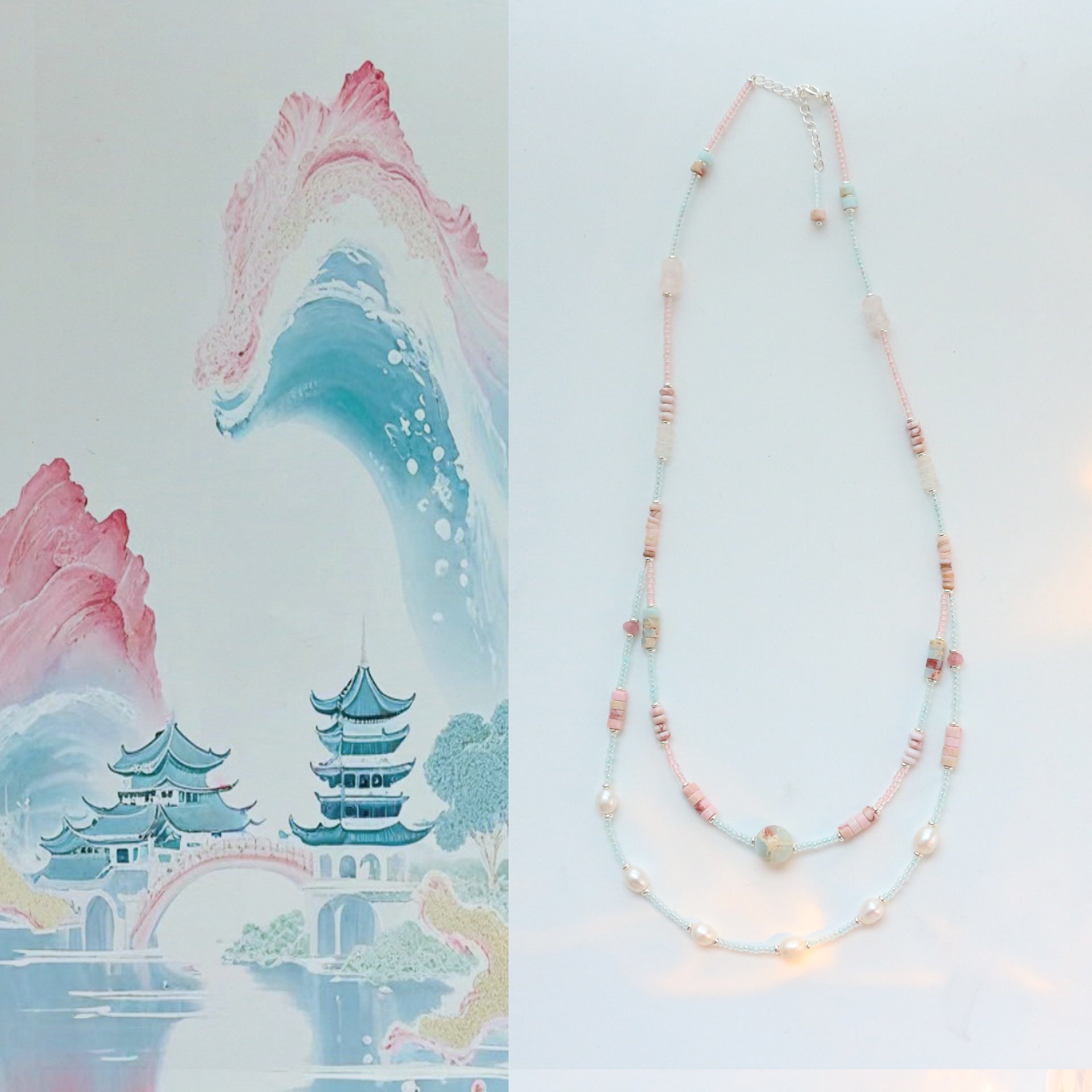 Jekira Double-Layer Pink Gemstone & Baroque Pearl Necklace