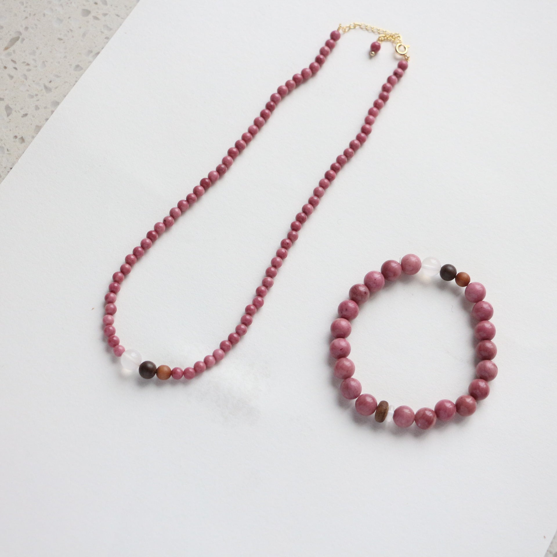 Jekira Rhodochrosite & Sandalwood Crystal Jewelry Set