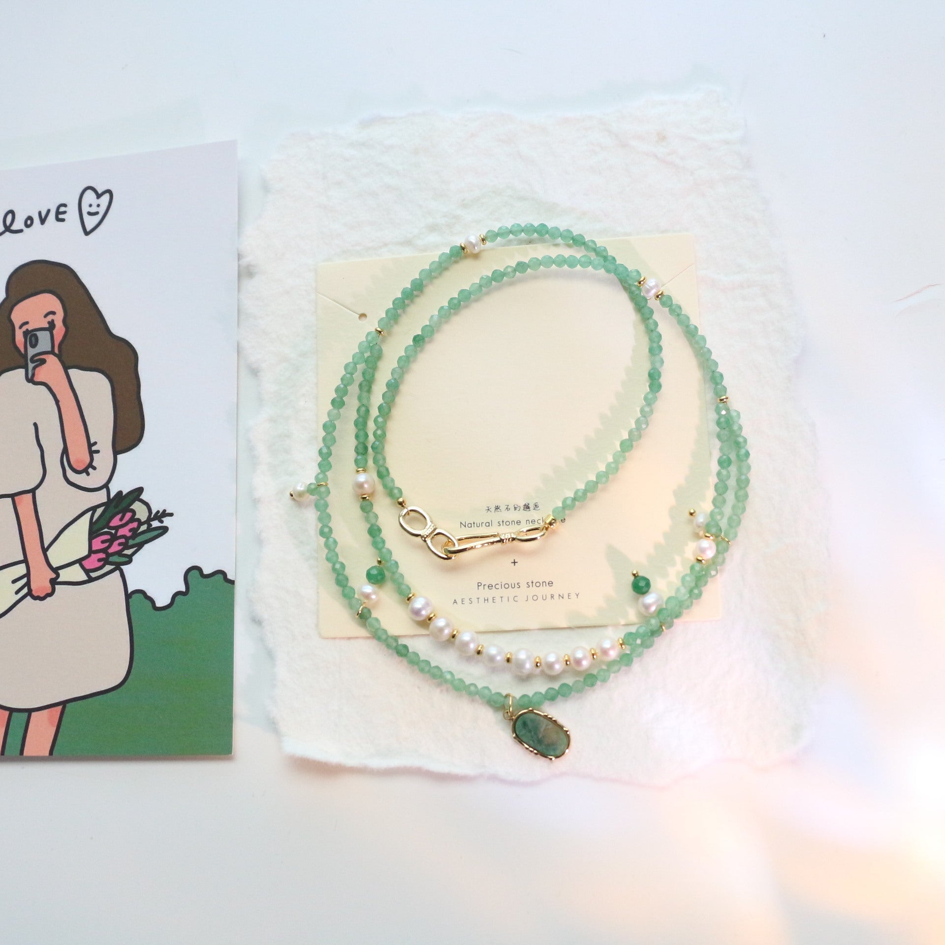 Jekira Royal Green Baroque Pearl Double Layer Necklace - Copper 18K Gold Plated
