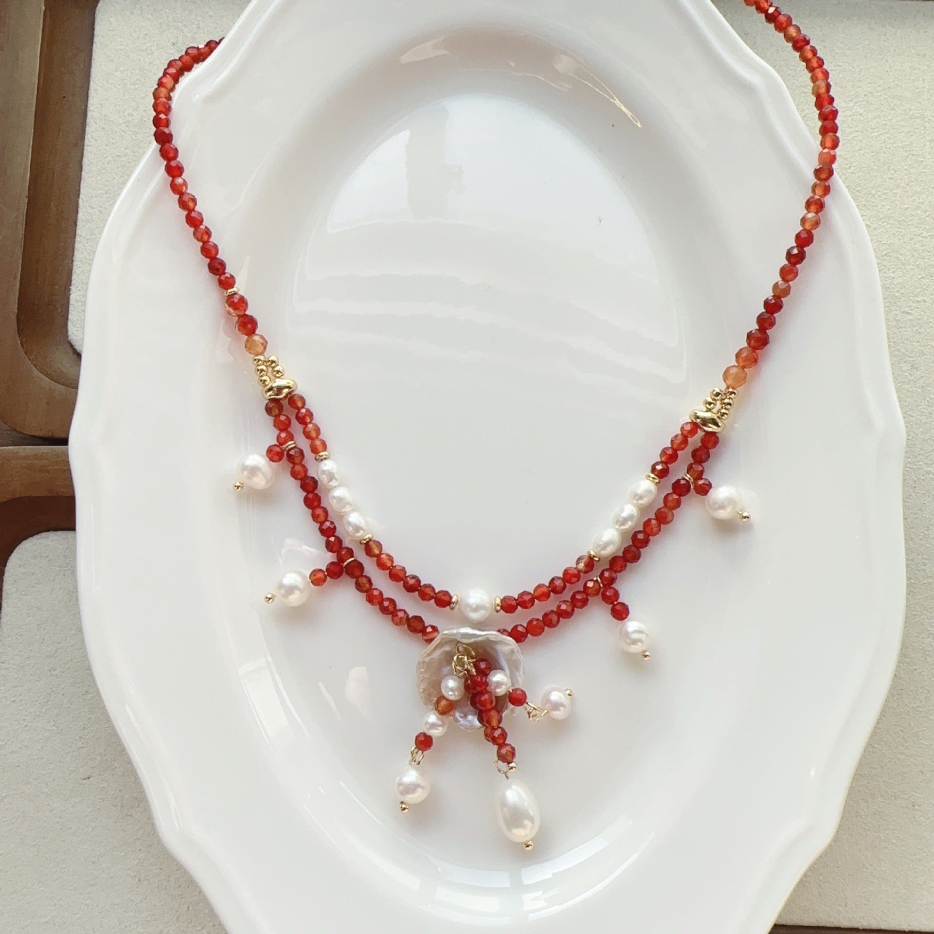 Jekira Red Agate & Baroque Pearl Double-Layer Necklace