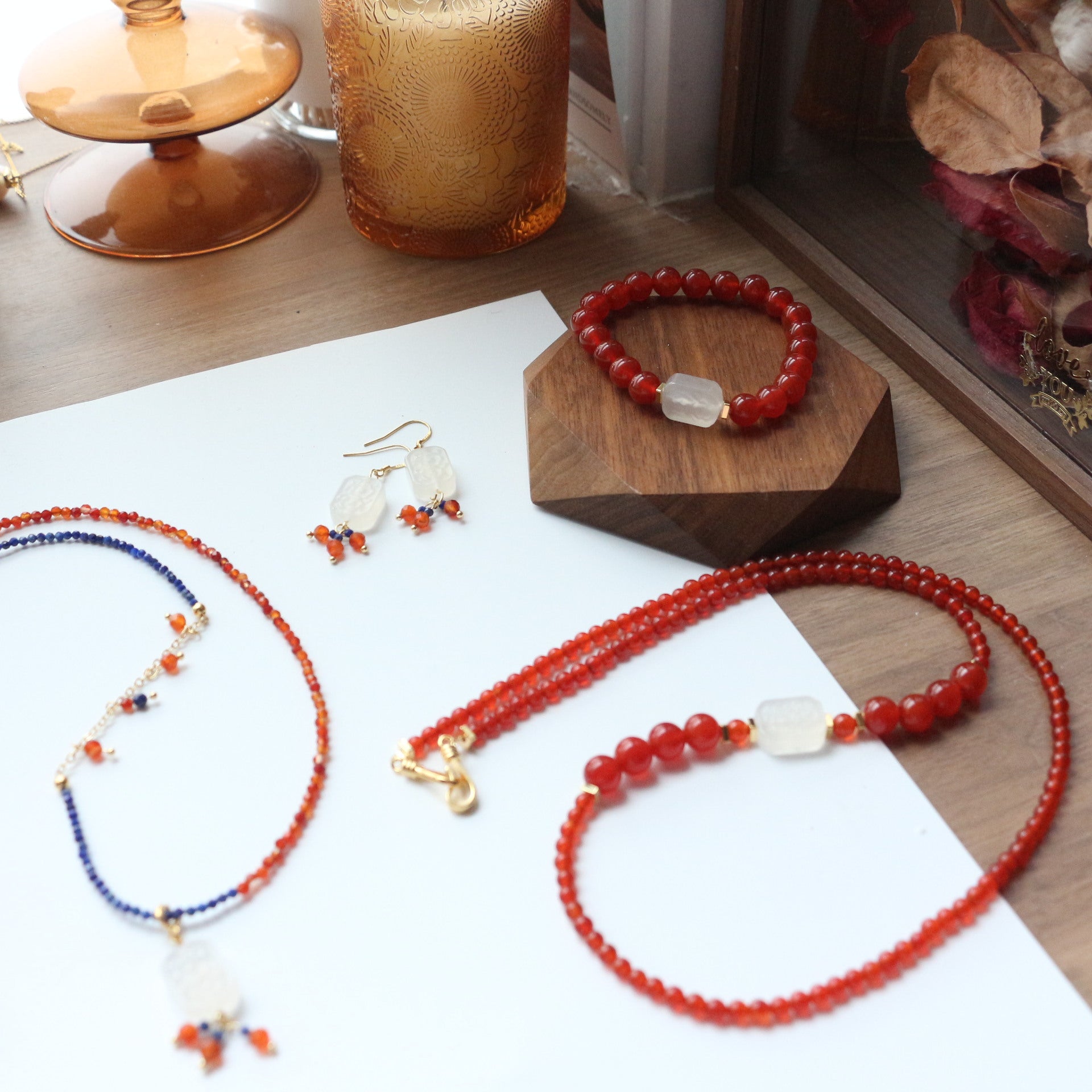 Jekira 7A Red Agate Long Necklace & Bracelet Set