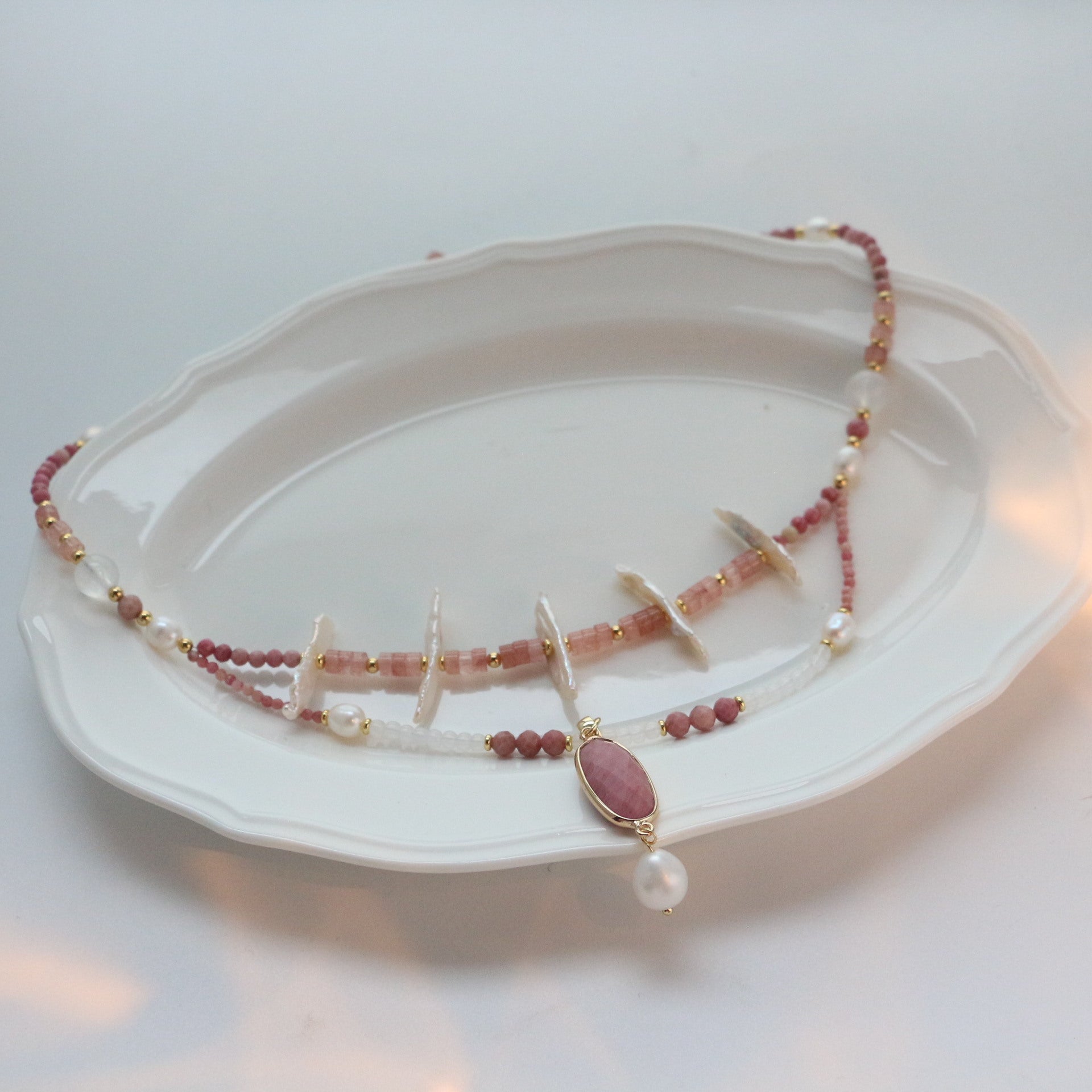 Jekira Vintage Double-Strand Rhodochrosite Pendant Necklace – Baroque Pearl & Crystal Romance