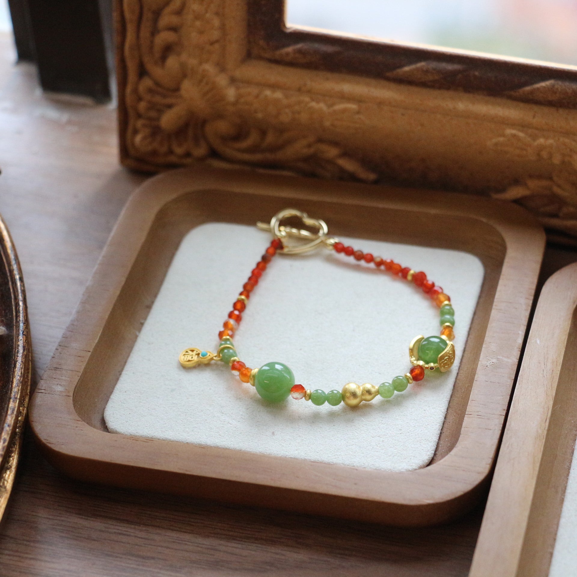 Jekira Retro New Chinese Red Agate & Green Chrysoprase Jewelry Set