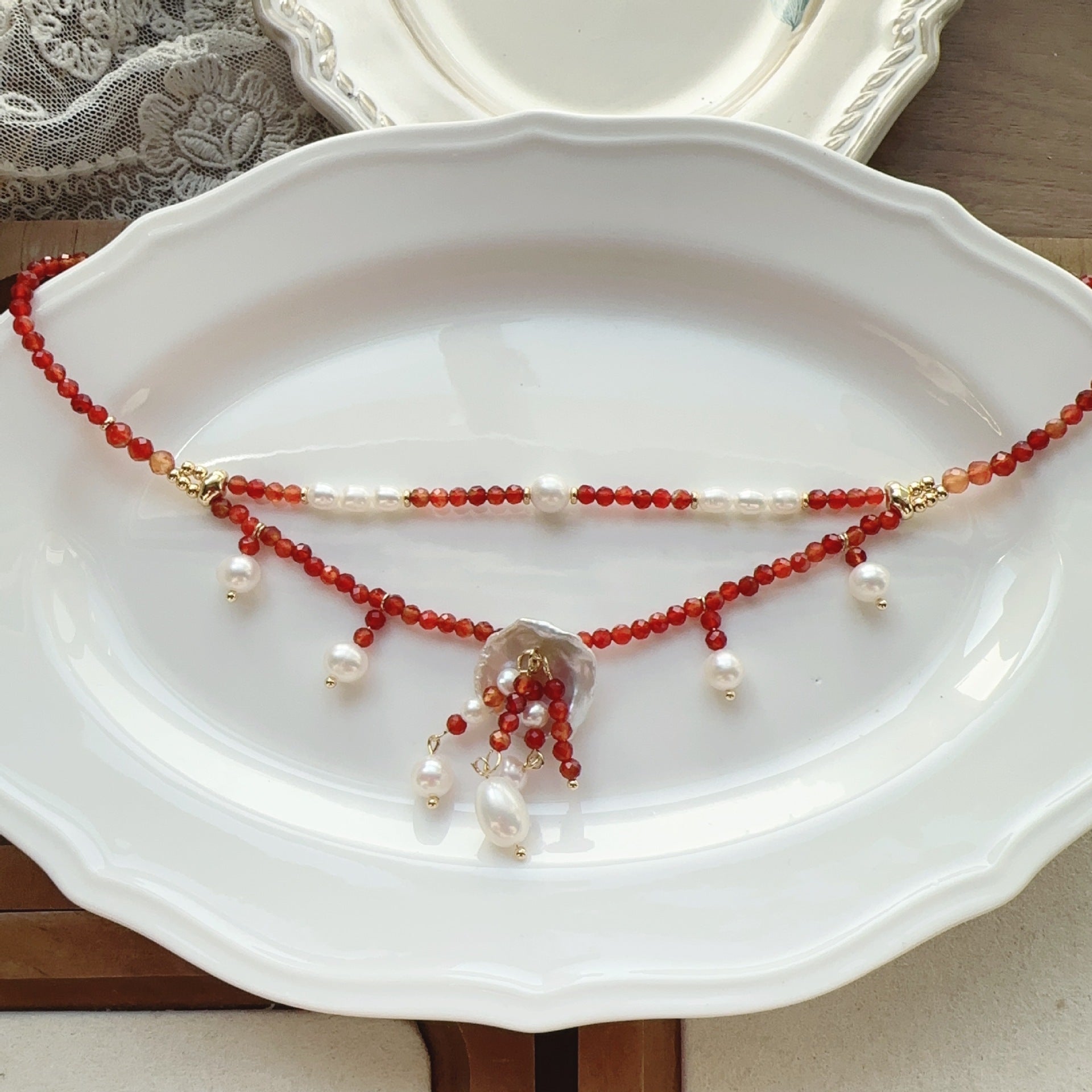 Jekira Red Agate & Baroque Pearl Double-Layer Necklace