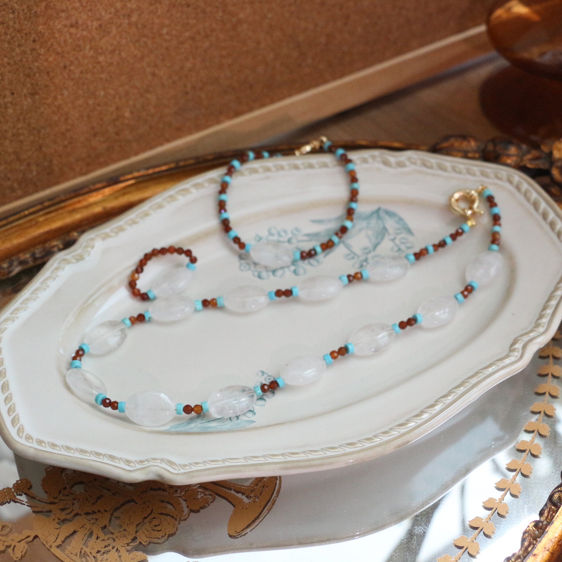 JEKIRA Oval White Quartz & Turquoise Bead Trio Set with Spessartine Garnet