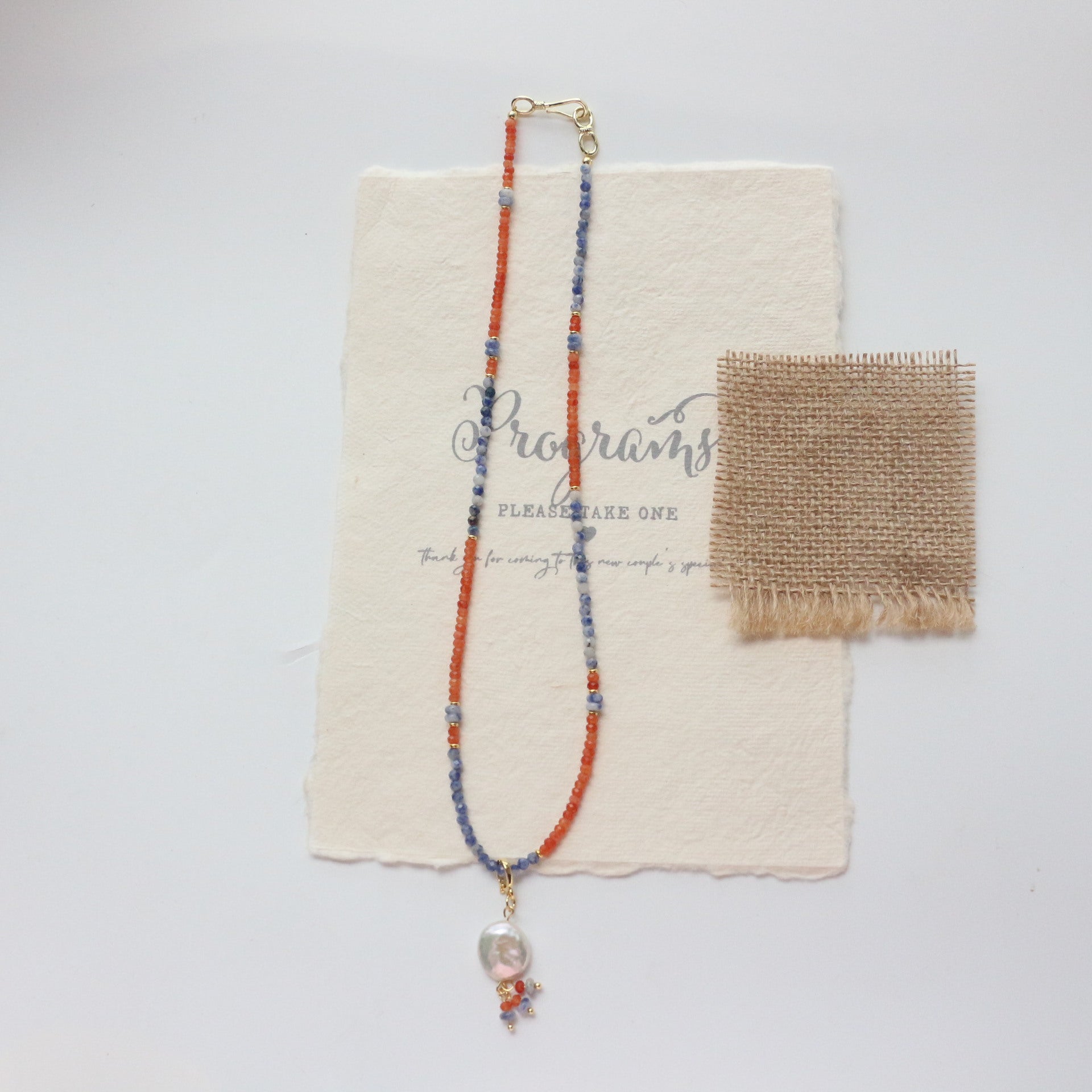 Jekira Retro Chinese Orange & Blue Gemstone Pearl Necklace