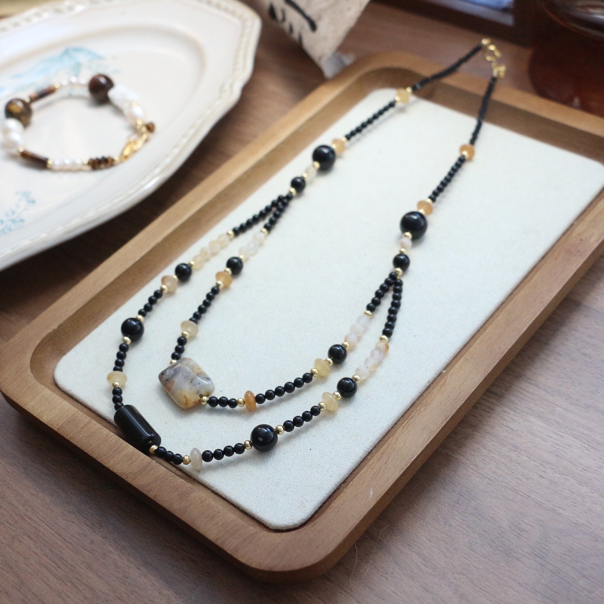 7A Grade Black Agate Double-Layer Beaded Necklace